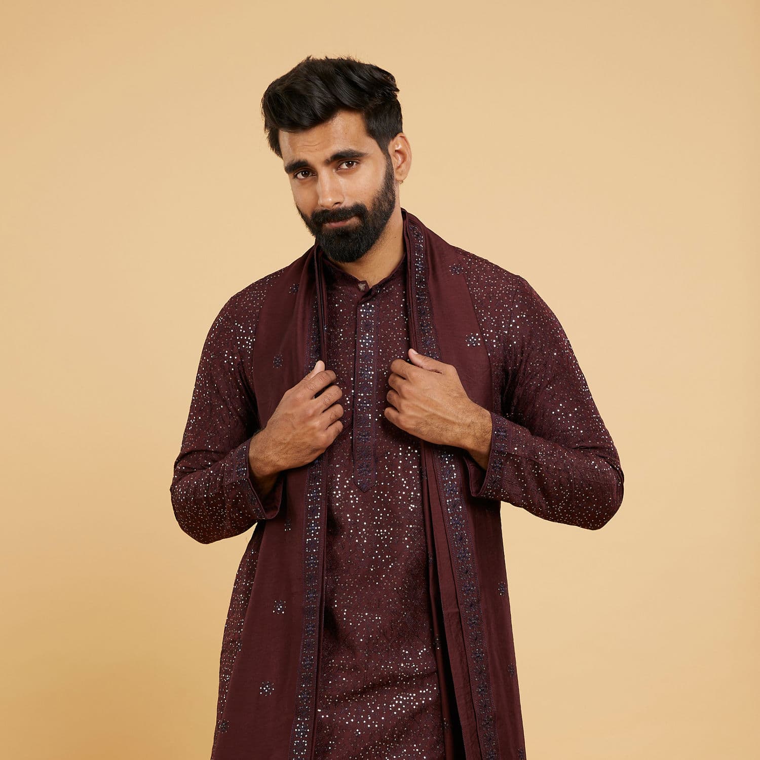 Wine Viscose Sequin Embroidered Kurta Set with Dupatta | Manyavar Wine Viscose Sequin Embroidered Kurta Set with Dupatta | Manyavar
