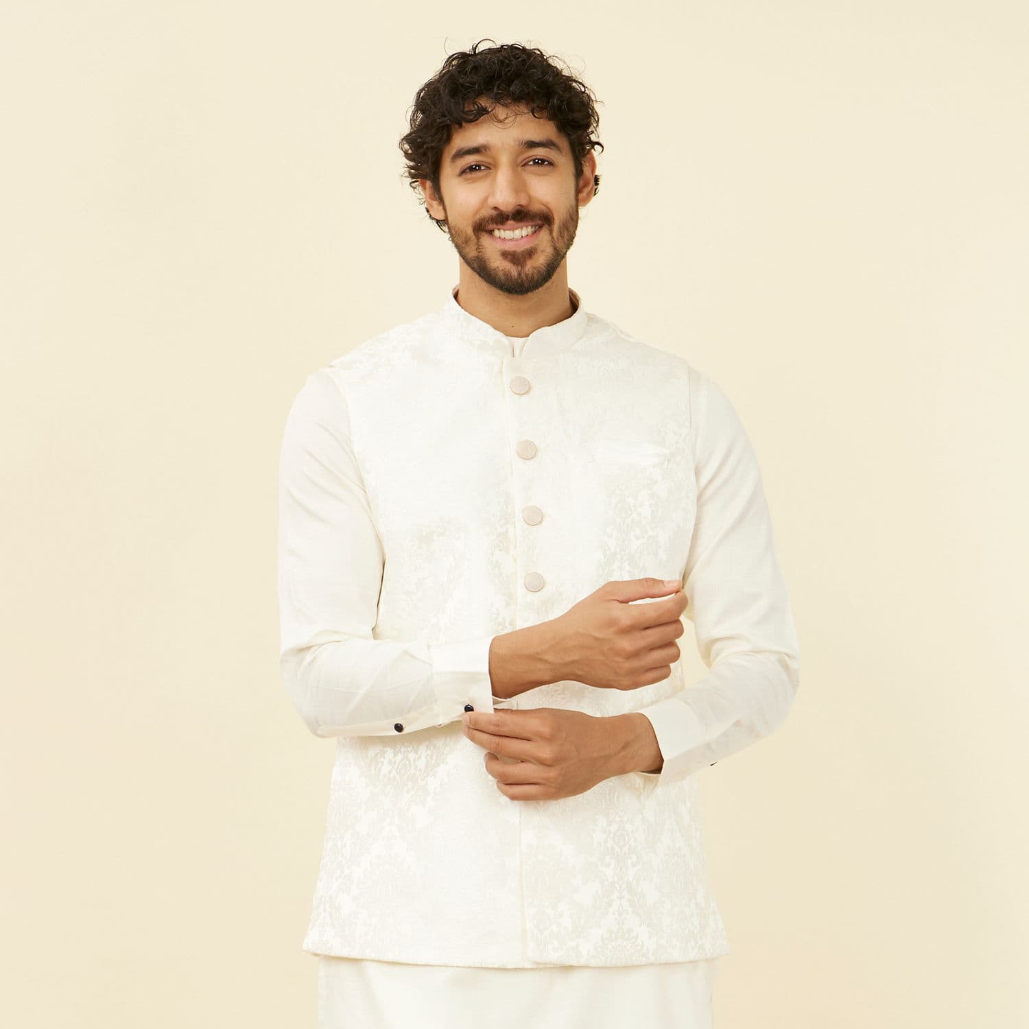 Warm White Bagh Patterned Nehru Jacket Warm White Bagh Patterned Nehru Jacket