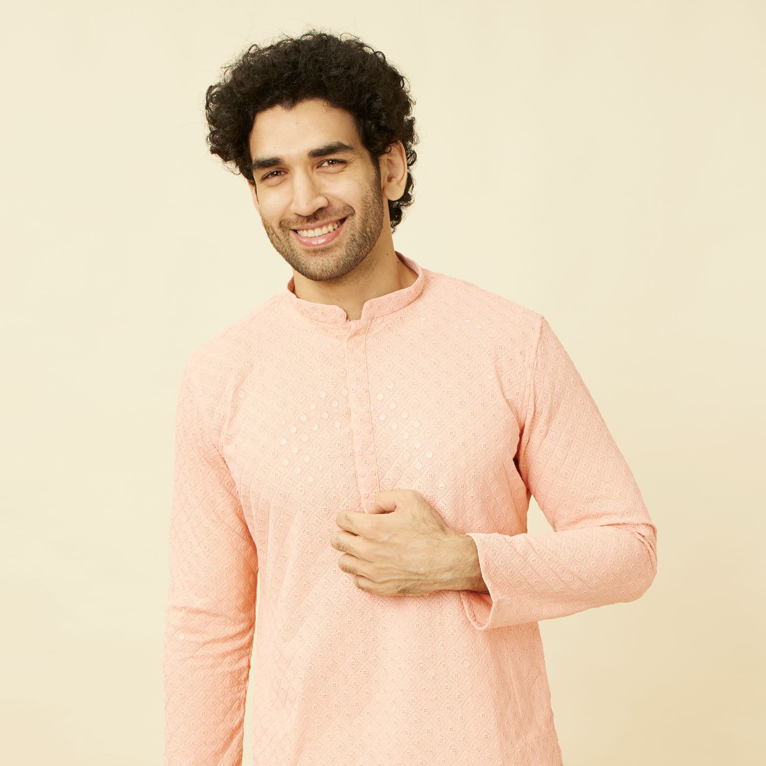 Peach Diamond Patterned Chikankari Embroidered Kurta Set | Manyavar Peach Diamond Patterned Chikankari Embroidered Kurta Set | Manyavar
