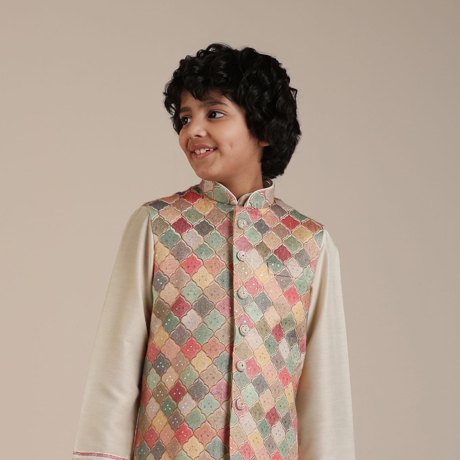 Boys Sand Beige Trellis Multi coloured Patterned Jacket Set Boys Sand Beige Trellis Multi coloured Patterned Jacket Set