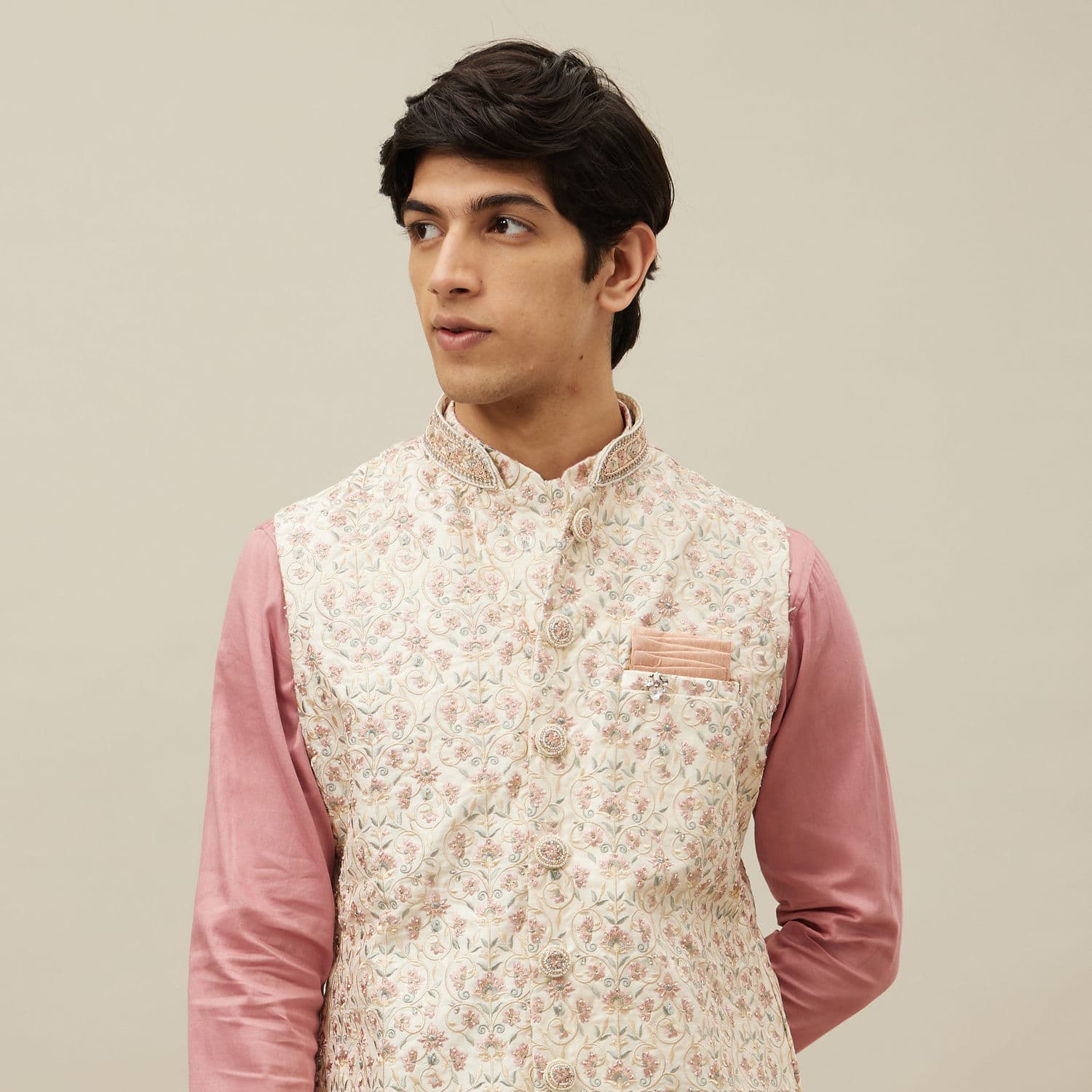 Pearled Ivory White Floral Patterned Jacket Set Pearled Ivory White Floral Patterned Jacket Set