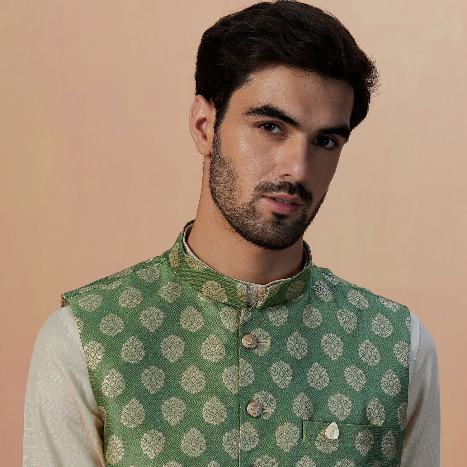 Sage Green Jacket With Golden Motifs Sage Green Jacket With Golden Motifs