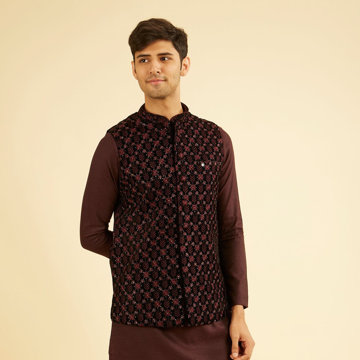 Velvety Wine Embroidered Nehru Jacket | Manyavar Velvety Wine Embroidered Nehru Jacket | Manyavar