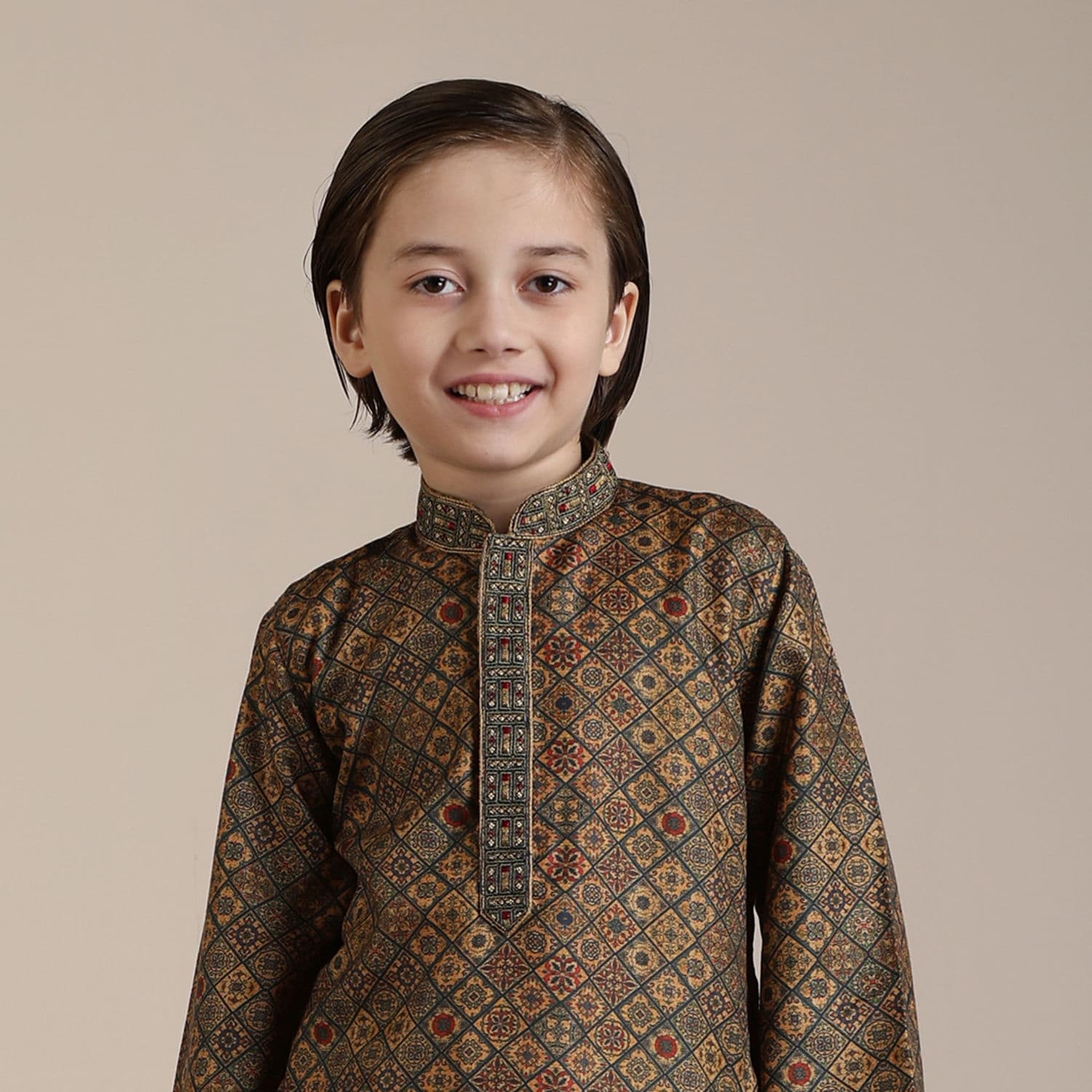 Boys Dark Green Mustard Chowkadi Motifs Kurta Set Boys Dark Green Mustard Chowkadi Motifs Kurta Set
