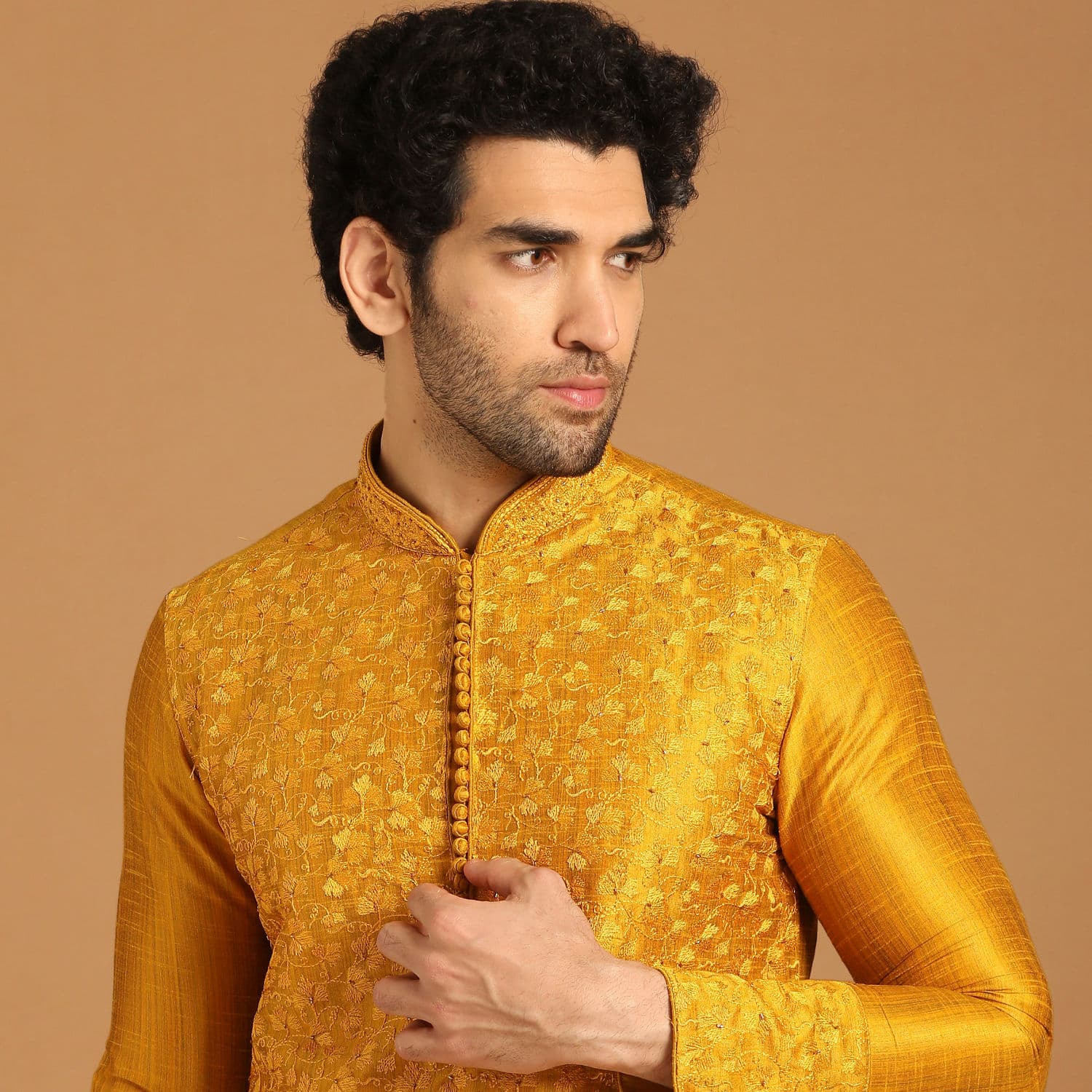 Golden Yellow Thread Embroidered Kurta Set | Manyavar Golden Yellow Thread Embroidered Kurta Set | Manyavar