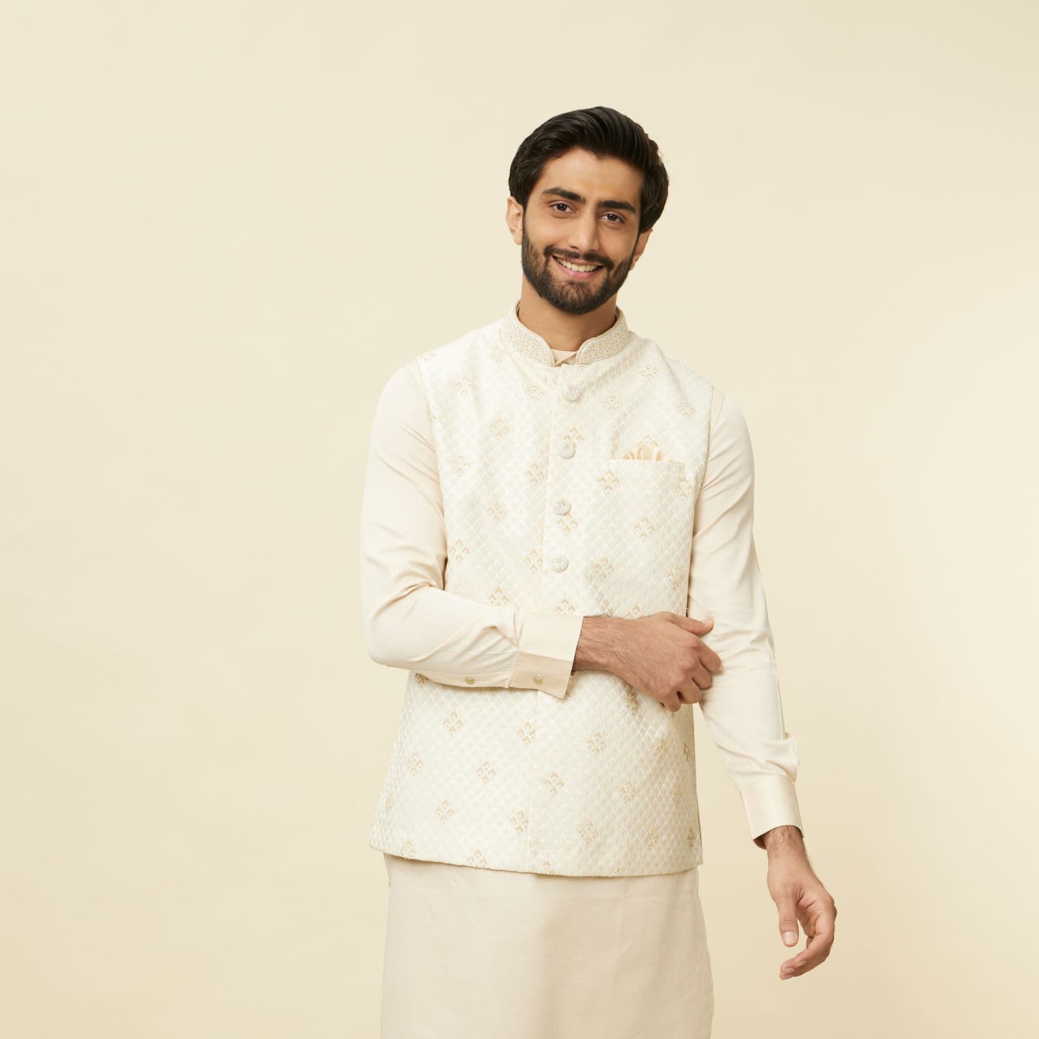 Sand Beige Argyle Patterned Jacket | Manyavar Sand Beige Argyle Patterned Jacket | Manyavar