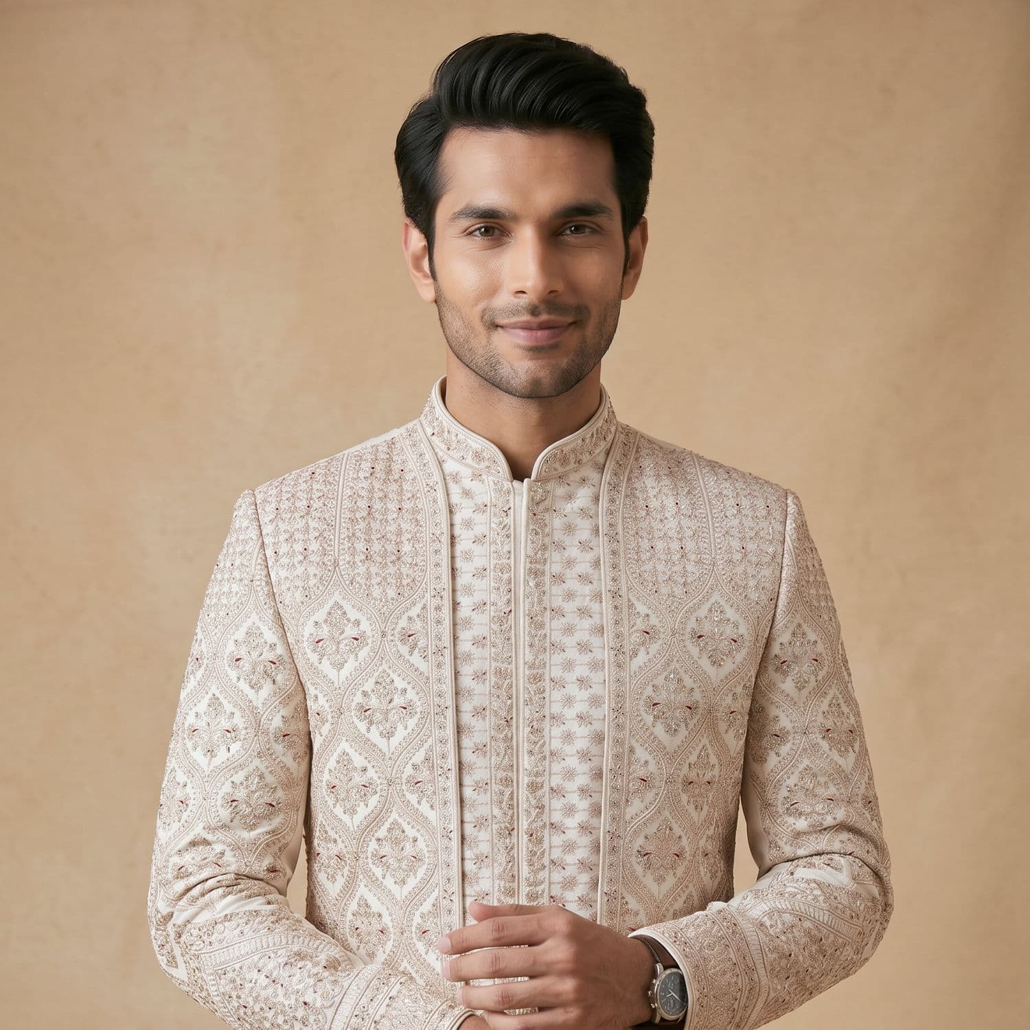 Champagne Art Silk Sherwani with Intricate Embroidery Champagne Art Silk Sherwani with Intricate Embroidery