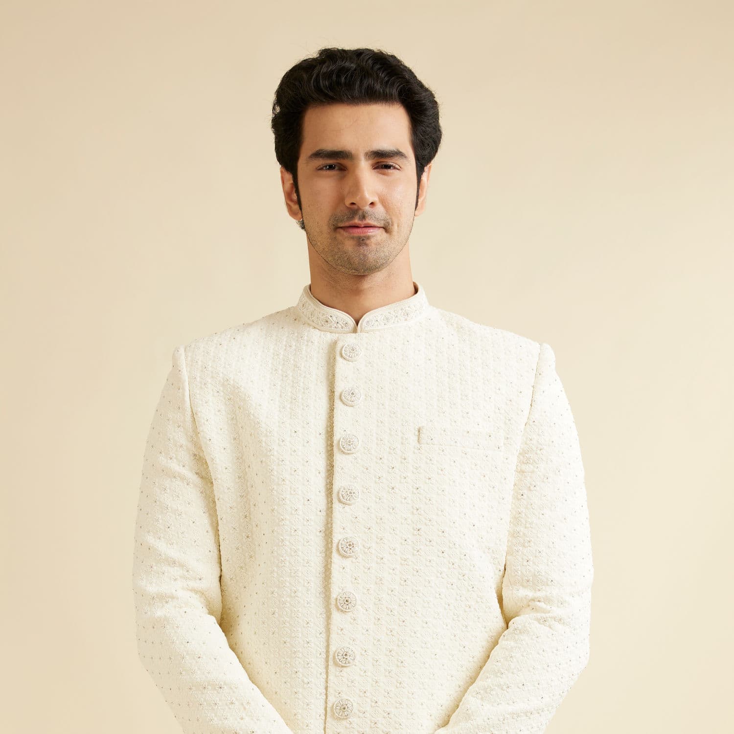 Cream White Lattice Patterned Sherwani Set with Rhinestones Cream White Lattice Patterned Sherwani Set with Rhinestones