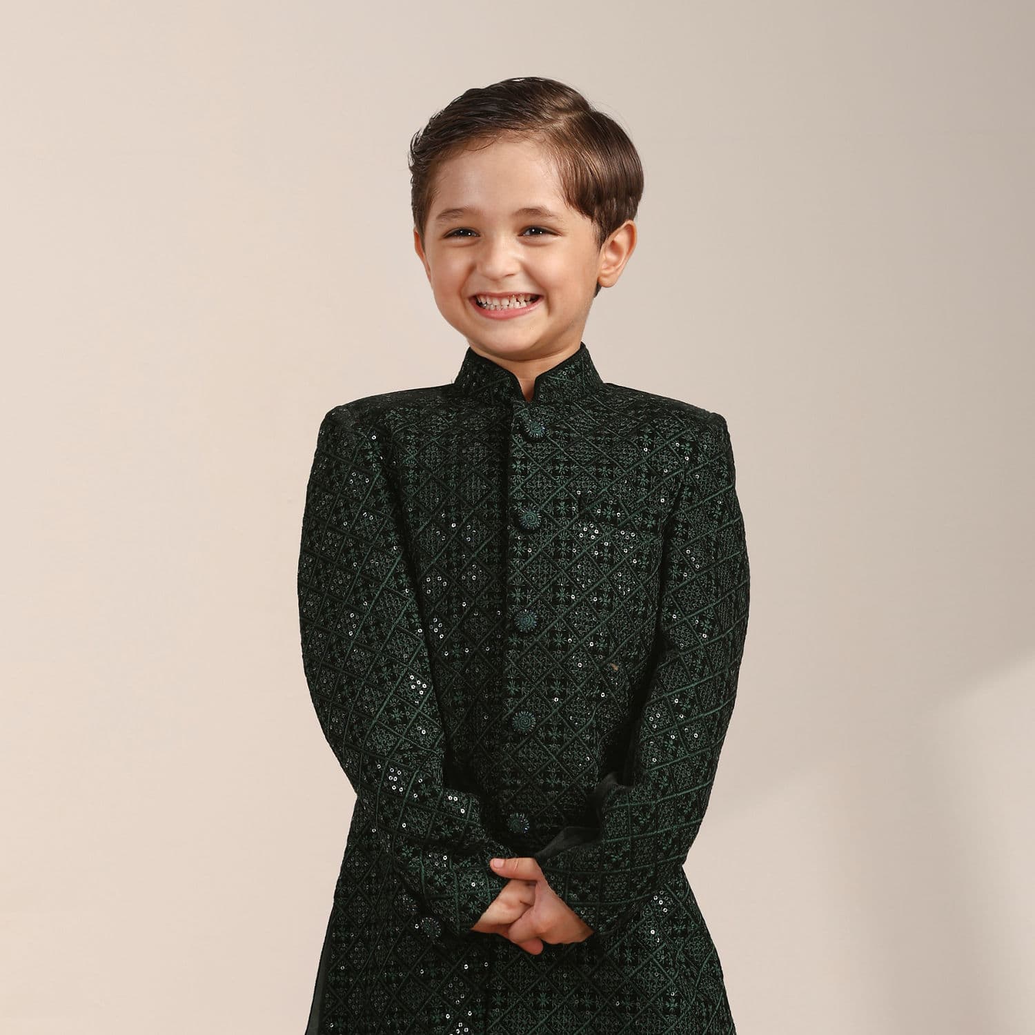 Boys Dark Green Diamond Patterned Indo Western Jacket with Mirror Work Boys Dark Green Diamond Patterned Indo Western Jacket with Mirror Work