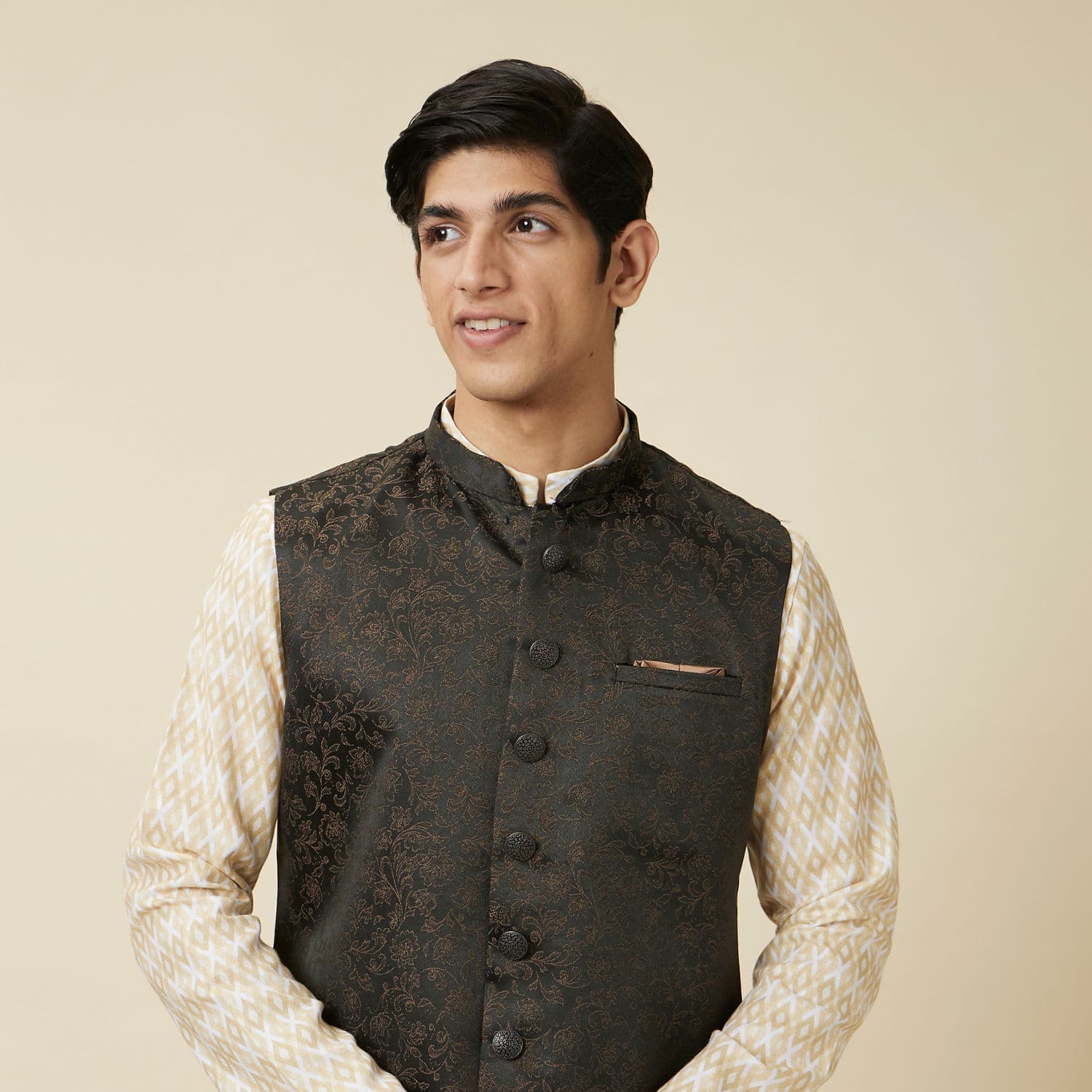 Hunter Green Bel Buti Patterned Waistcoat | Manyavar Hunter Green Bel Buti Patterned Waistcoat | Manyavar