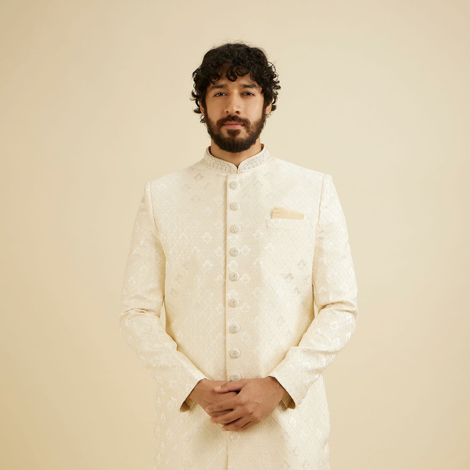 Cream Pink Floral Buta Jaal Patterned Sherwani Set Cream Pink Floral Buta Jaal Patterned Sherwani Set
