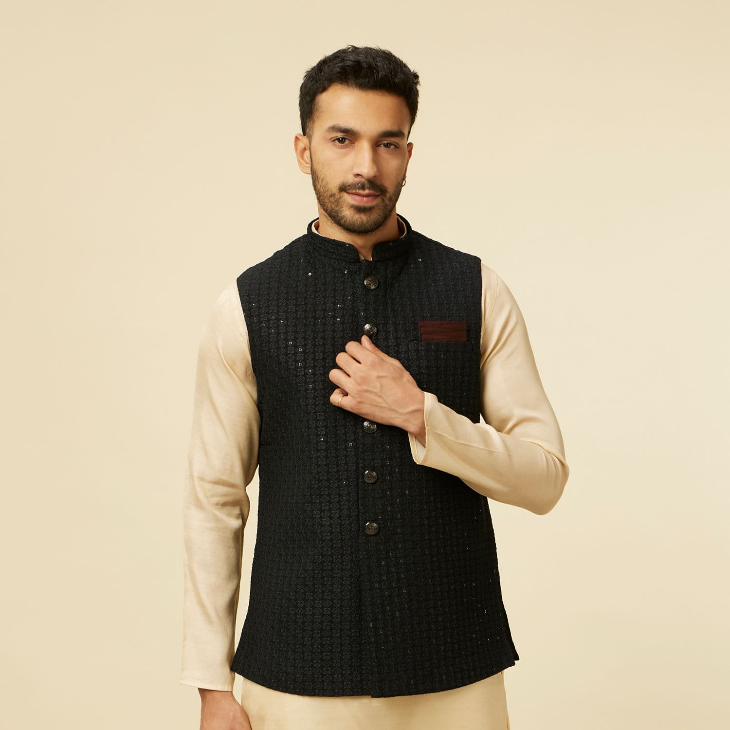 Kohl Black Self Patterned Jacket | Manyavar Kohl Black Self Patterned Jacket | Manyavar