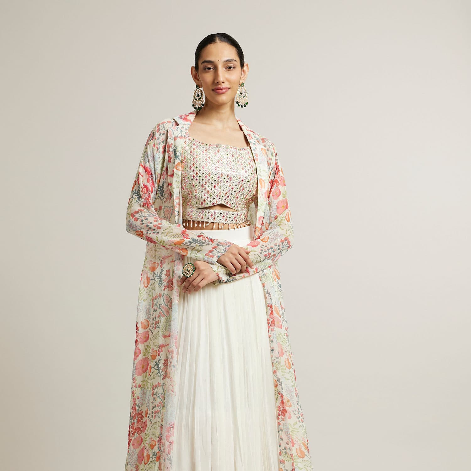 Soft Cream Floral Print Crop Top Lehenga with Mirror Work | Manyavar Soft Cream Floral Print Crop Top Lehenga with Mirror Work | Manyavar