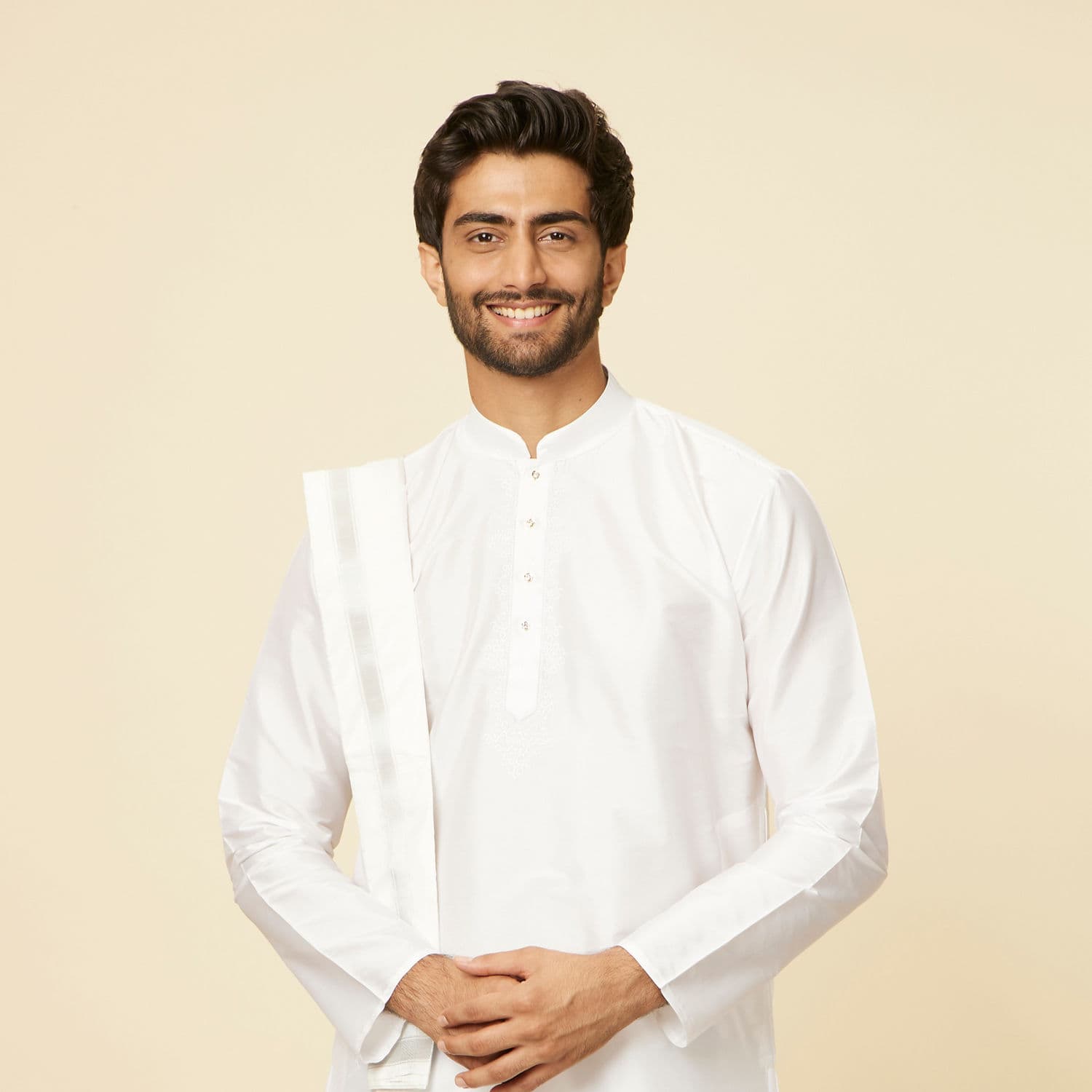 Soft White Zari Detailed Traditional South Indian Dhoti Set | Manyavar Soft White Zari Detailed Traditional South Indian Dhoti Set | Manyavar