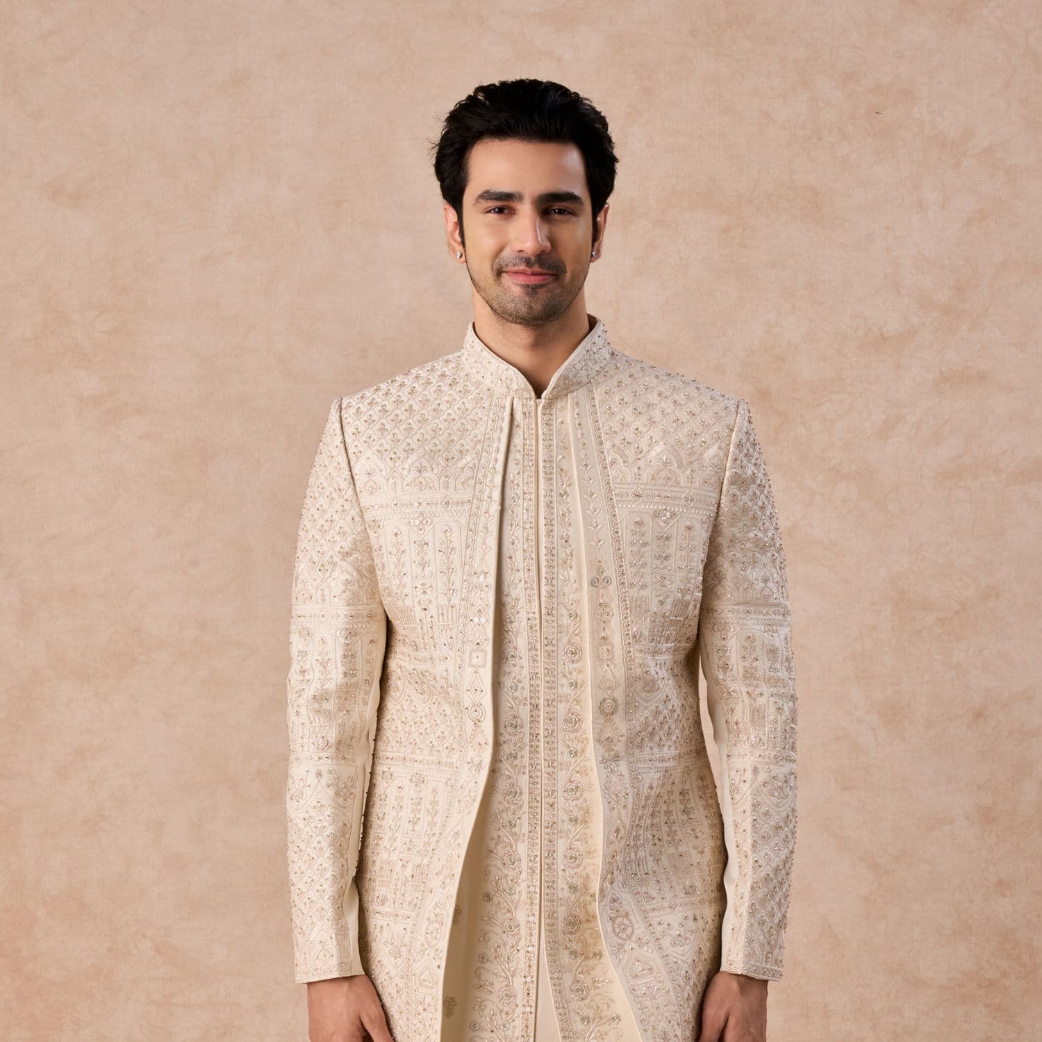 Beige Satin Effect Open Sherwani Beige Satin Effect Open Sherwani