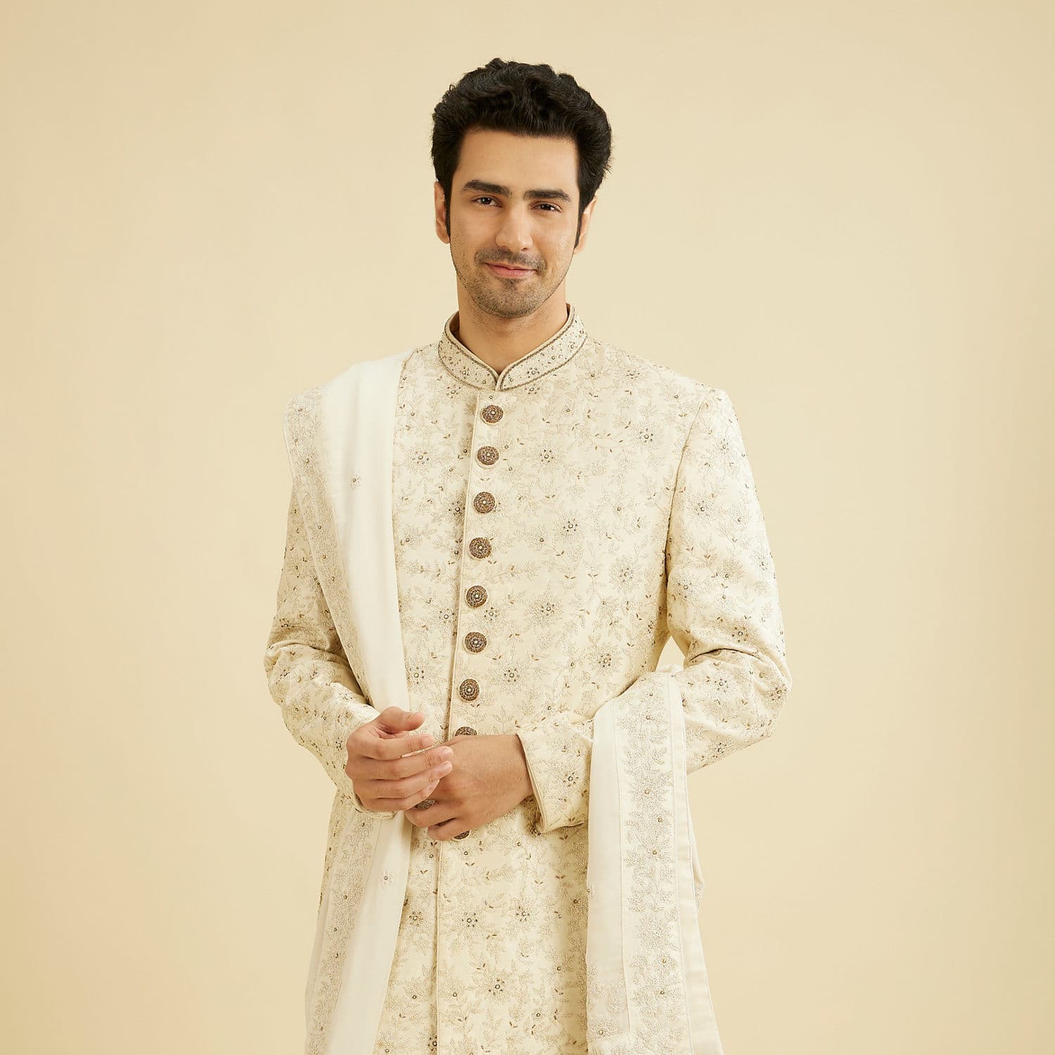 Resplendent Cream Sherwani Suit | Manyavar Resplendent Cream Sherwani Suit | Manyavar