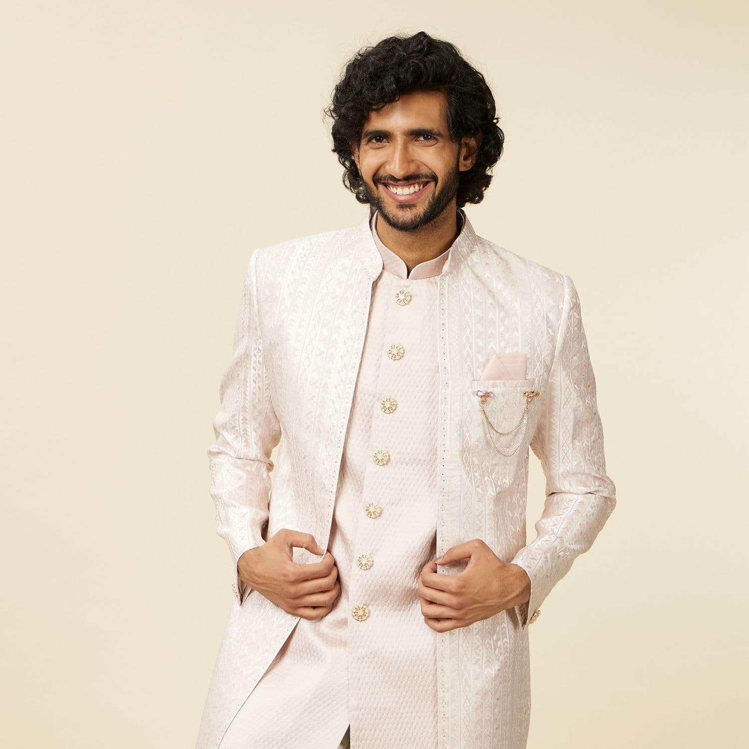 Dusty Pink Self Patterned Open Sherwani Set Dusty Pink Self Patterned Open Sherwani Set