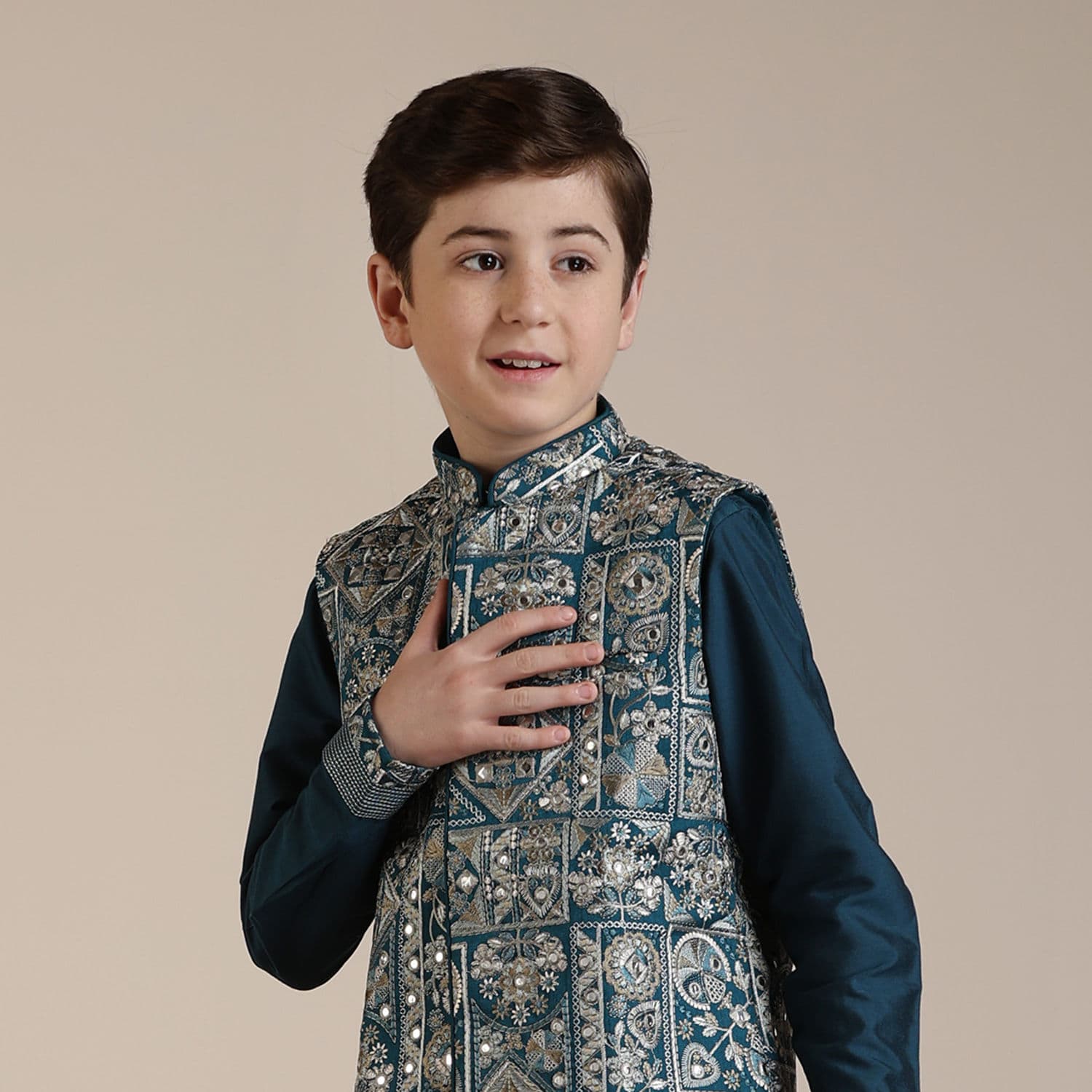Boys Teal Blue Bagh Chowkadi Patterned Jacket Set | Manyavar Boys Teal Blue Bagh Chowkadi Patterned Jacket Set | Manyavar