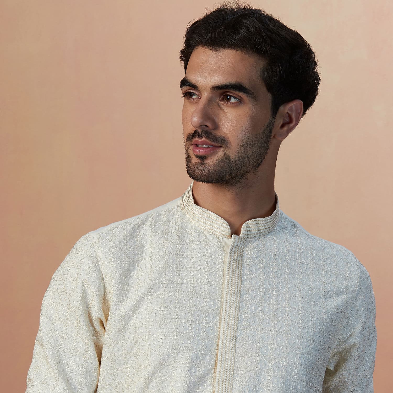 Sesame White Self Embroidered Kurta Pajama | Manyavar Sesame White Self Embroidered Kurta Pajama | Manyavar