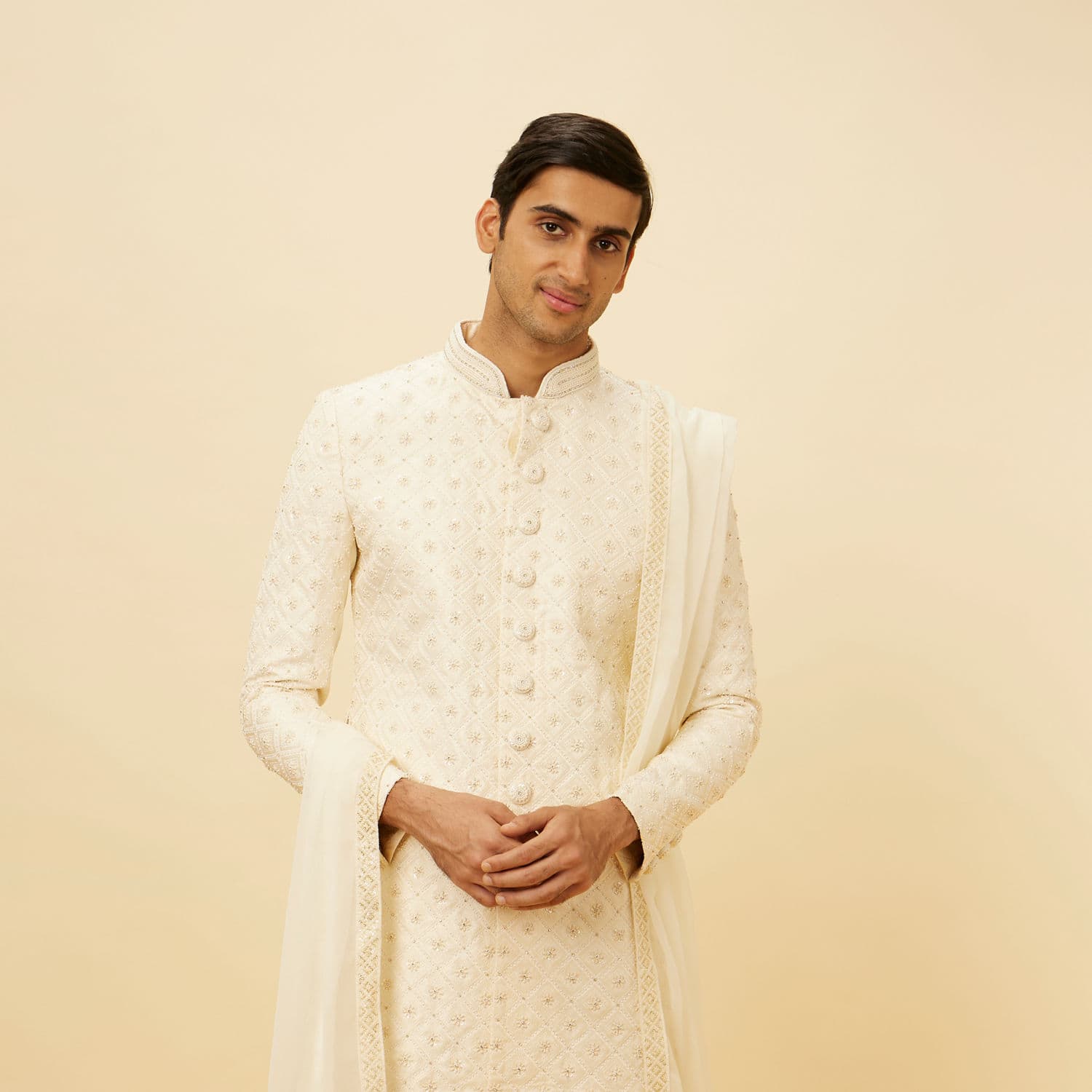 Delicate Pink Sequined Diamond Patterned Sherwani Set Delicate Pink Sequined Diamond Patterned Sherwani Set