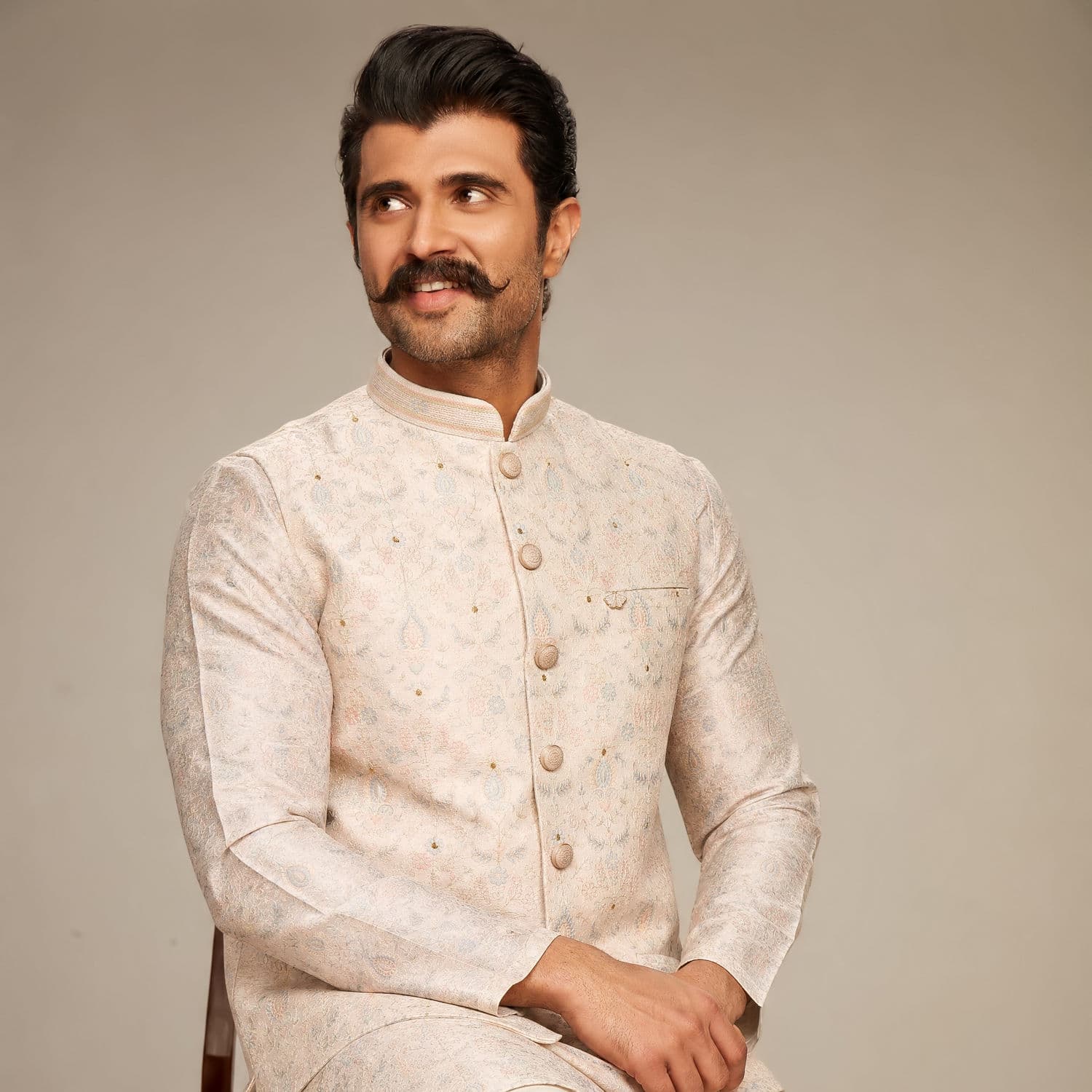 Elegant Cream Kurta Jacket Set | Manyavar Elegant Cream Kurta Jacket Set | Manyavar