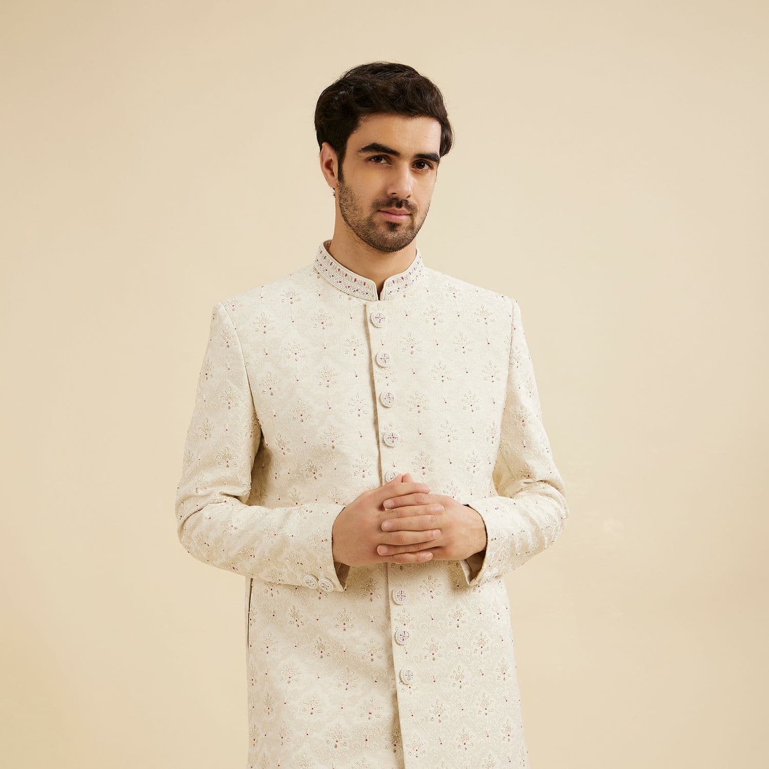 Cream White Buta Jaal Patterned Sherwani Set with Rhinestone Work Cream White Buta Jaal Patterned Sherwani Set with Rhinestone Work