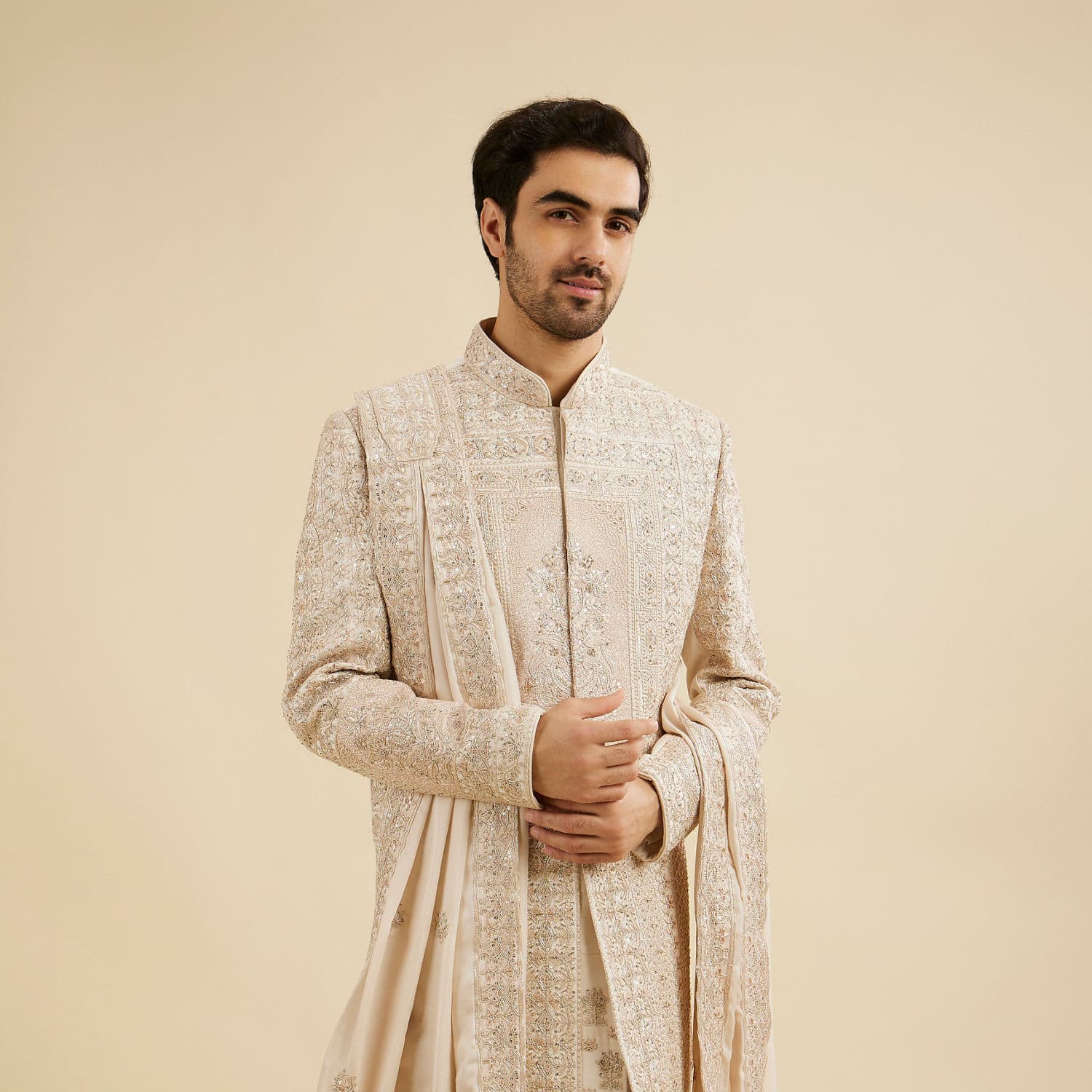 Cream Beige Imperial Embroidered Sherwani Set with Sequin Work | Manyavar Cream Beige Imperial Embroidered Sherwani Set with Sequin Work | Manyavar