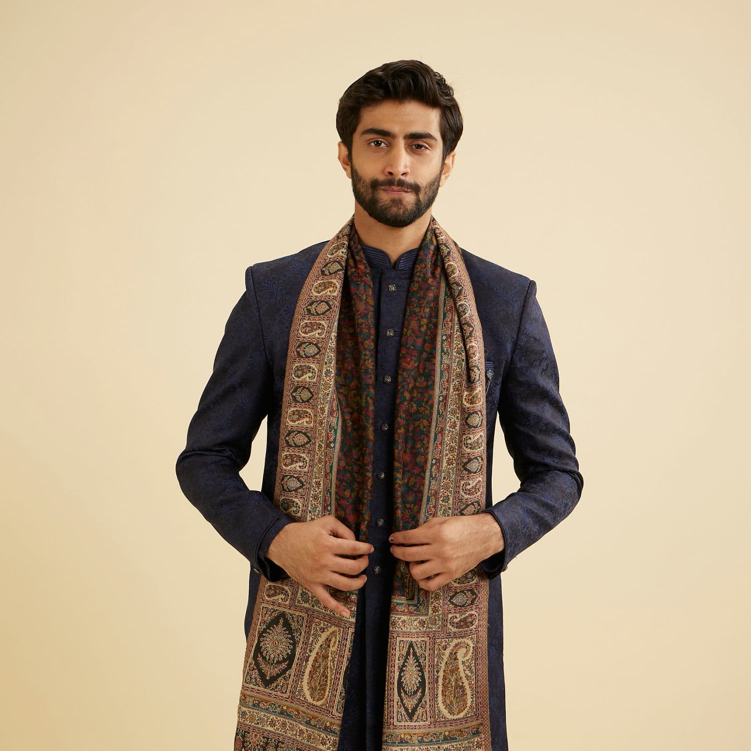 Ebony Black Floral Jaal Patterned Shawl with Paisley And Floral Butas | Manyavar Ebony Black Floral Jaal Patterned Shawl with Paisley And Floral Butas | Manyavar