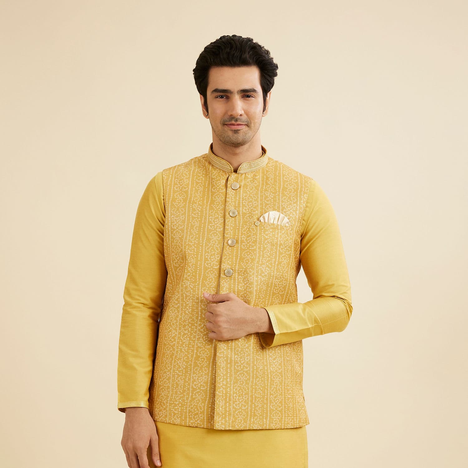 Mustard Yellow Bandhani Print Nehru Jacket Mustard Yellow Bandhani Print Nehru Jacket