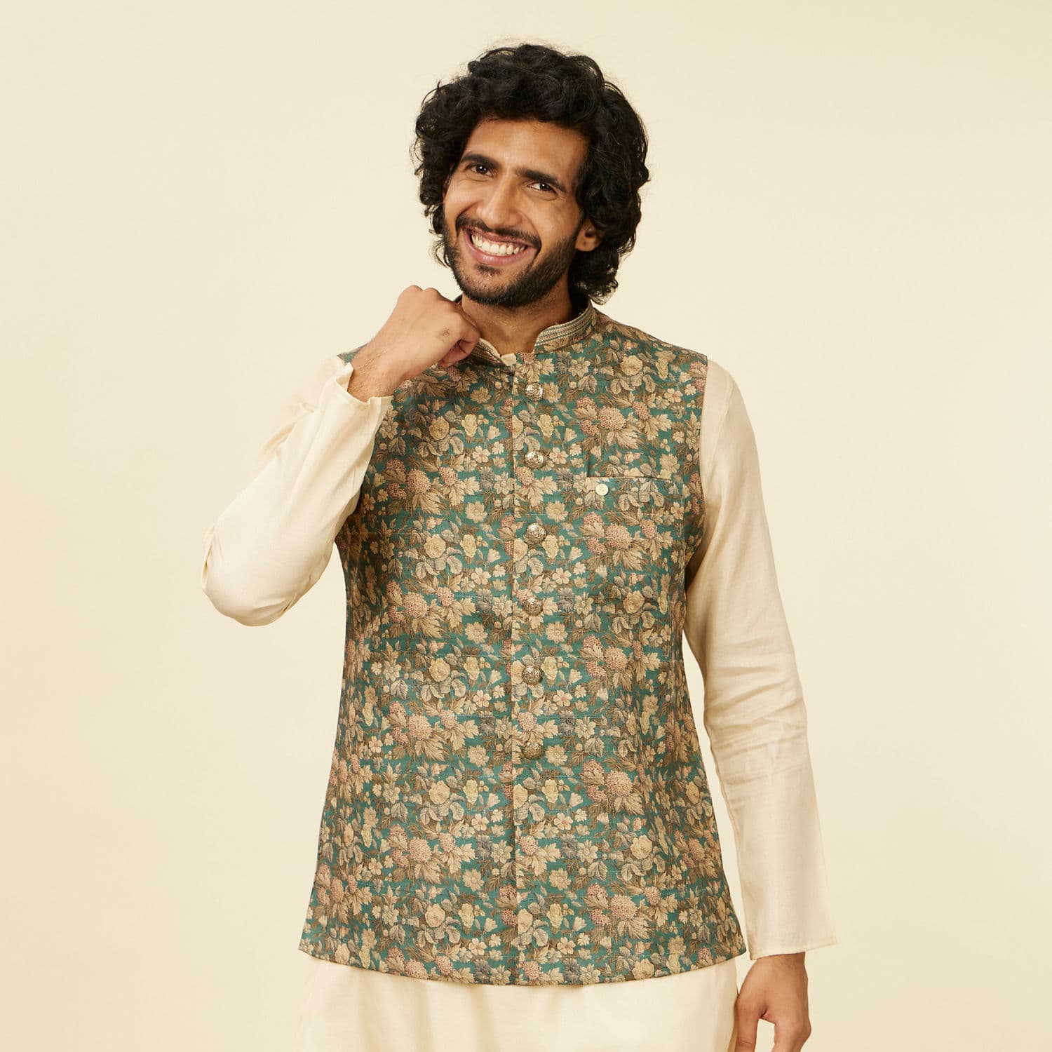 Teal Green Floral Printed Nehru Jacket Teal Green Floral Printed Nehru Jacket