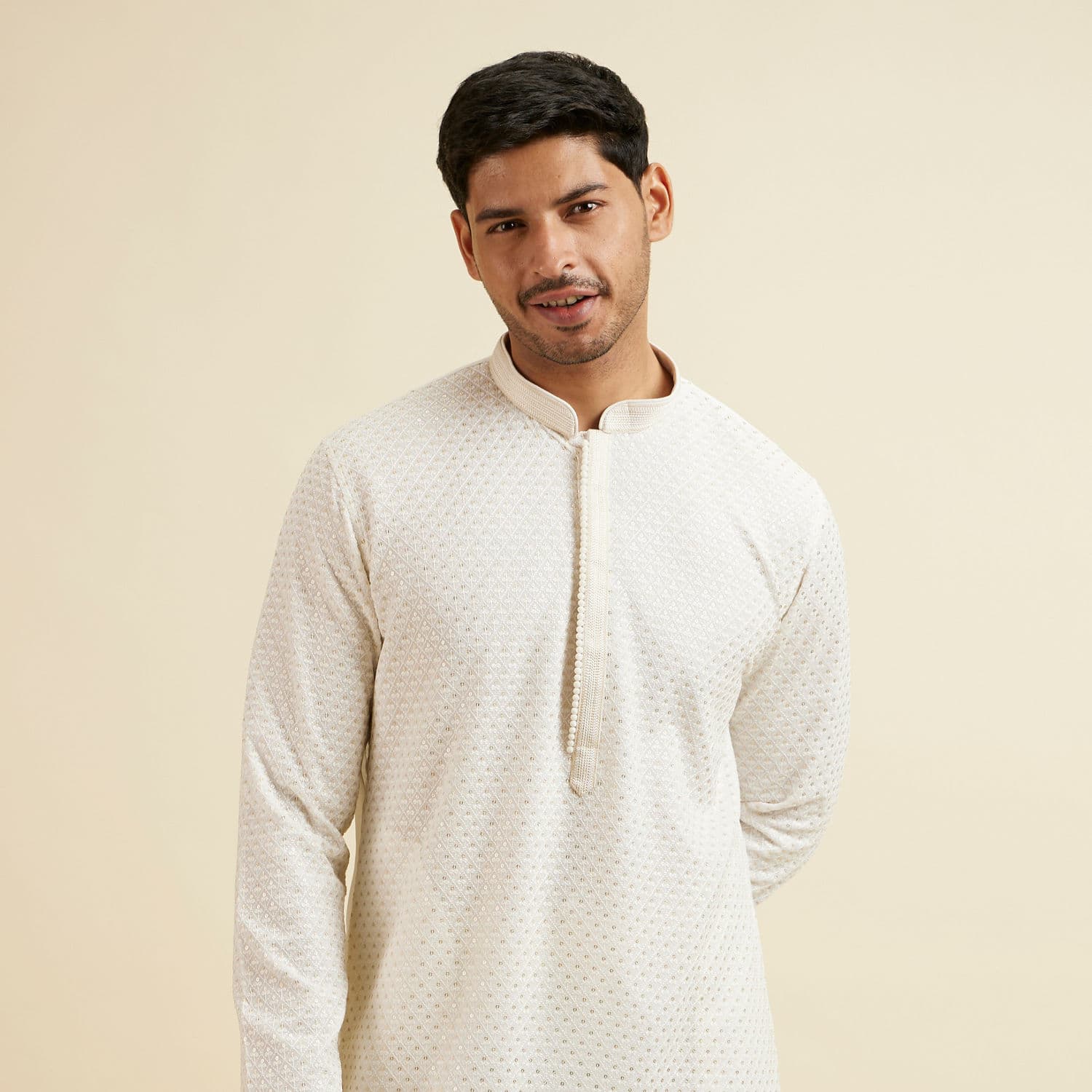 Warm White Self Patterned Mirror Work Kurta Set | Manyavar Warm White Self Patterned Mirror Work Kurta Set | Manyavar