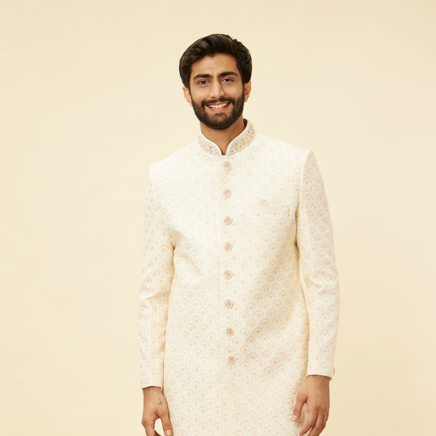 Cream Pink Diamond Patterned Sherwani Set Cream Pink Diamond Patterned Sherwani Set