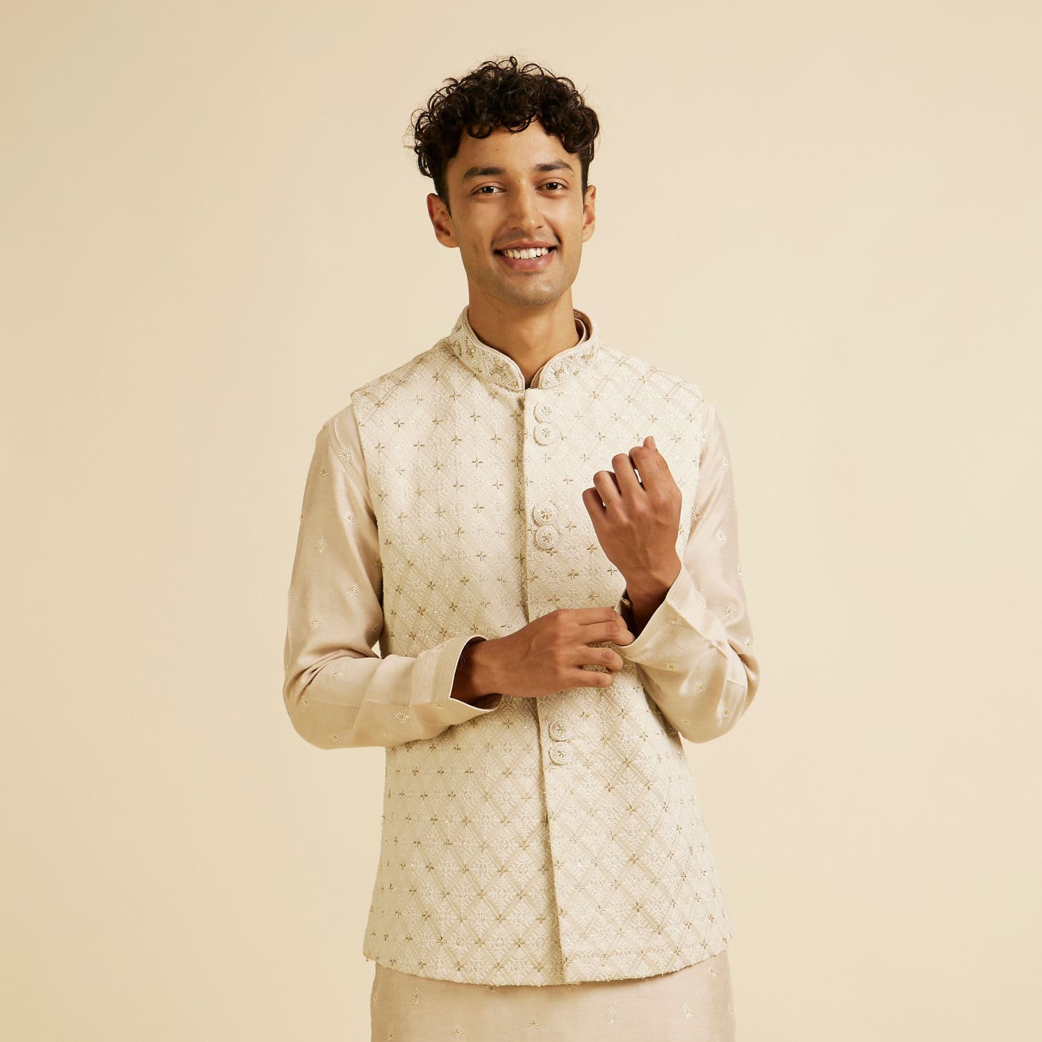 Beige Buta Jaal Embroidered Nehru Jacket Beige Buta Jaal Embroidered Nehru Jacket