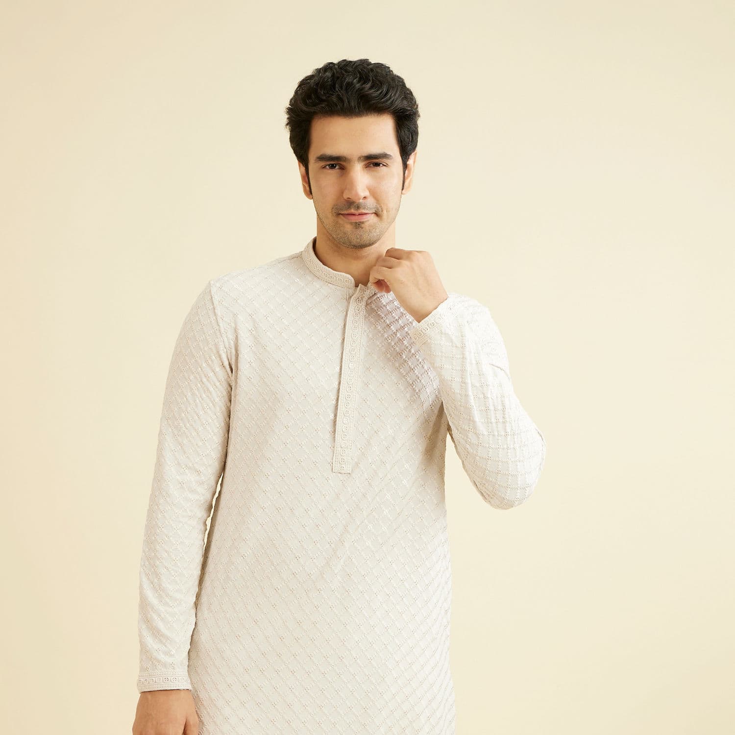 Smoke Grey Grid Patterned Chikankari Kurta Set with Sequin Work Smoke Grey Grid Patterned Chikankari Kurta Set with Sequin Work