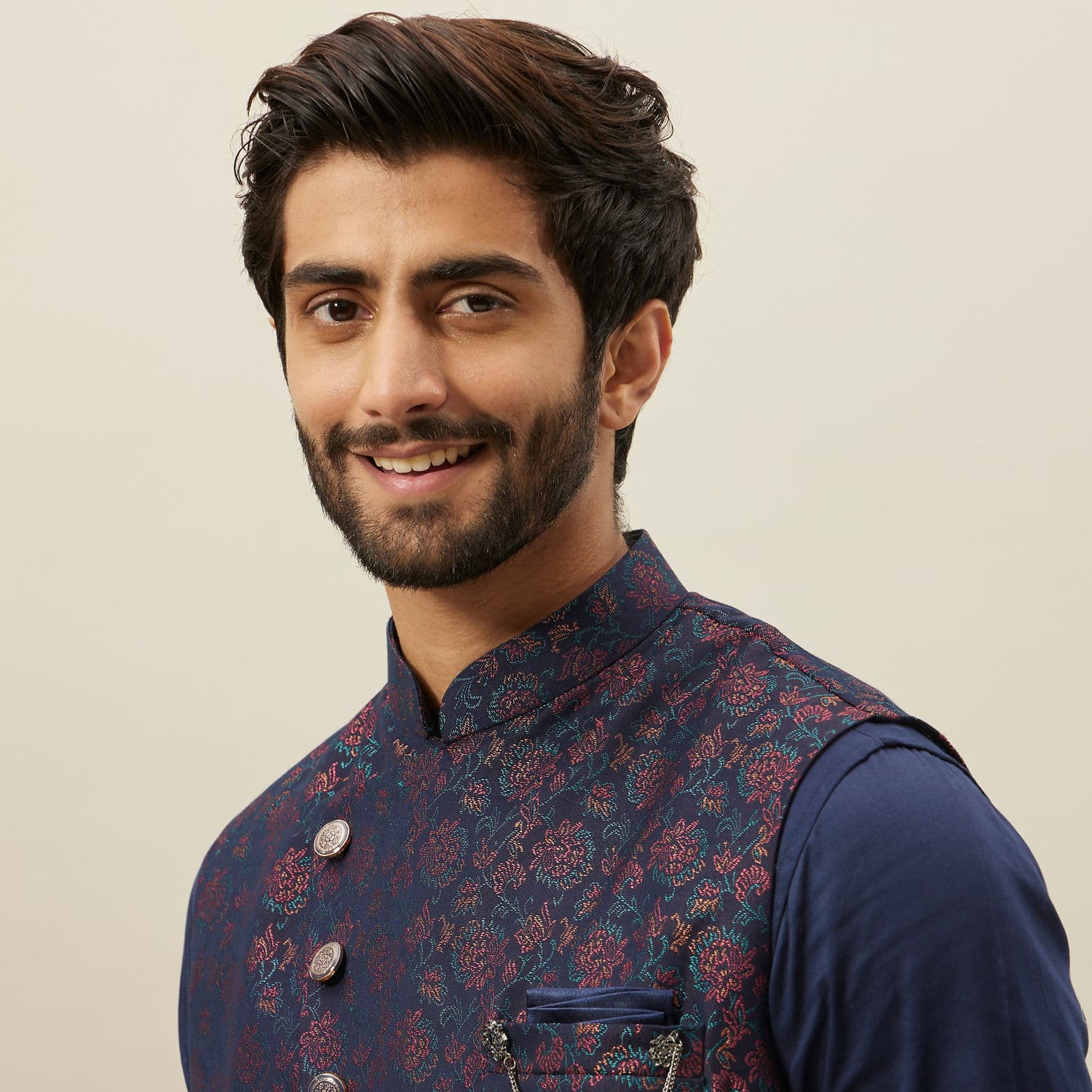 Twilight Blue Floral Angrakha Style Kurta Jacket Set | Manyavar Twilight Blue Floral Angrakha Style Kurta Jacket Set | Manyavar