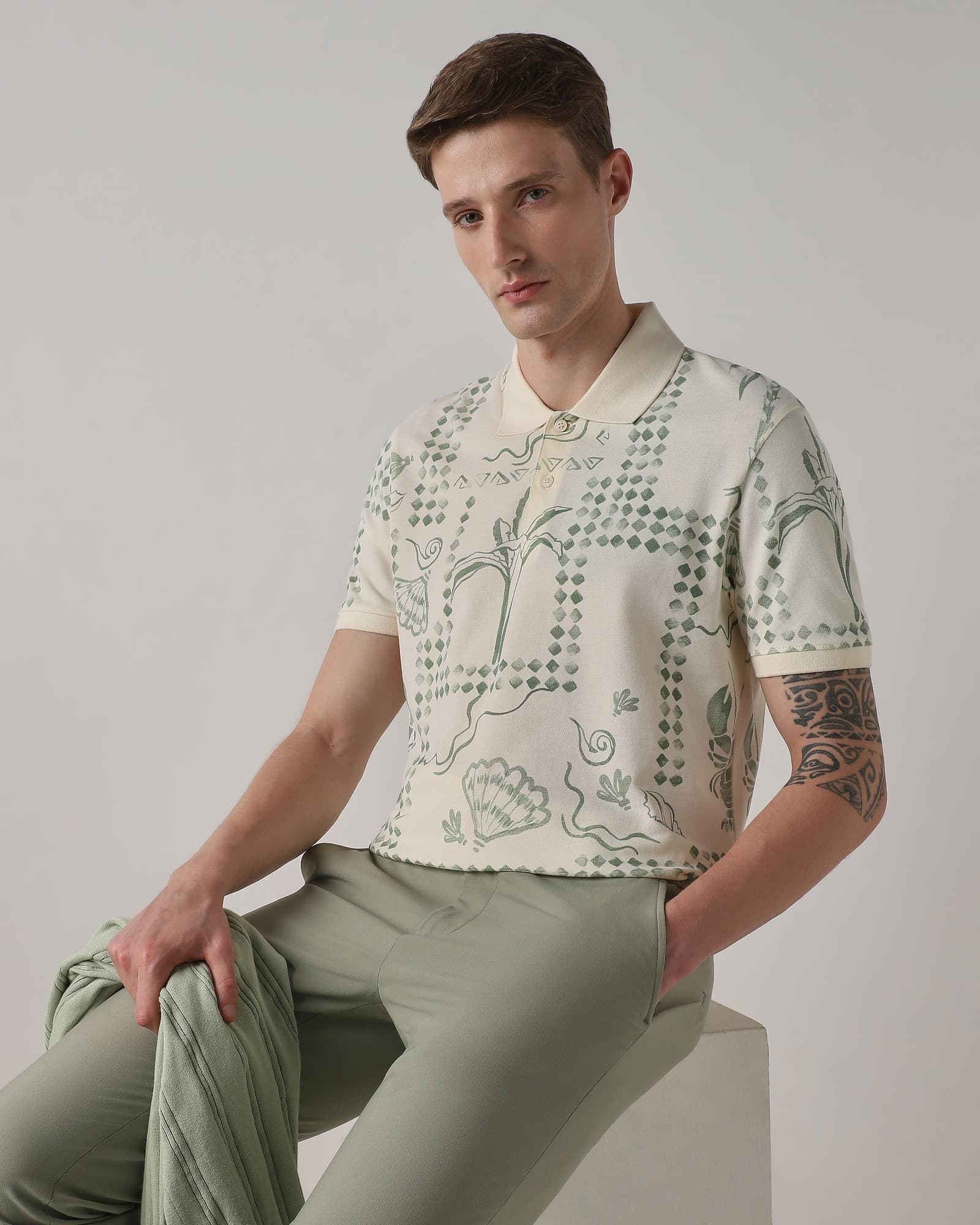 Off White Abstract Botanical Print Polo | Mufti Jeans Off White Abstract Botanical Print Polo | Mufti Jeans