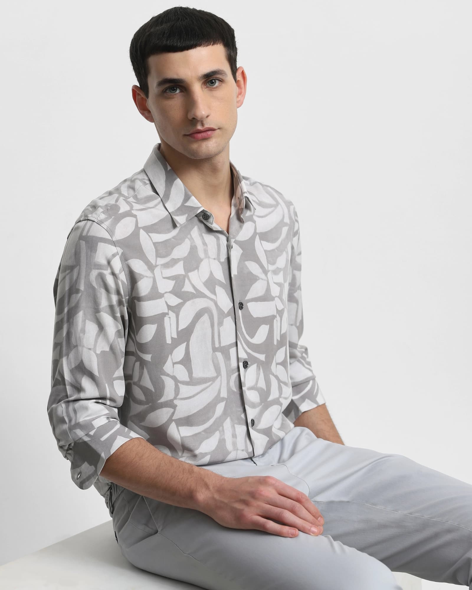 Light Grey Abstract Print Slim Fit Casual Shirt | Mufti Jeans Light Grey Abstract Print Slim Fit Casual Shirt | Mufti Jeans