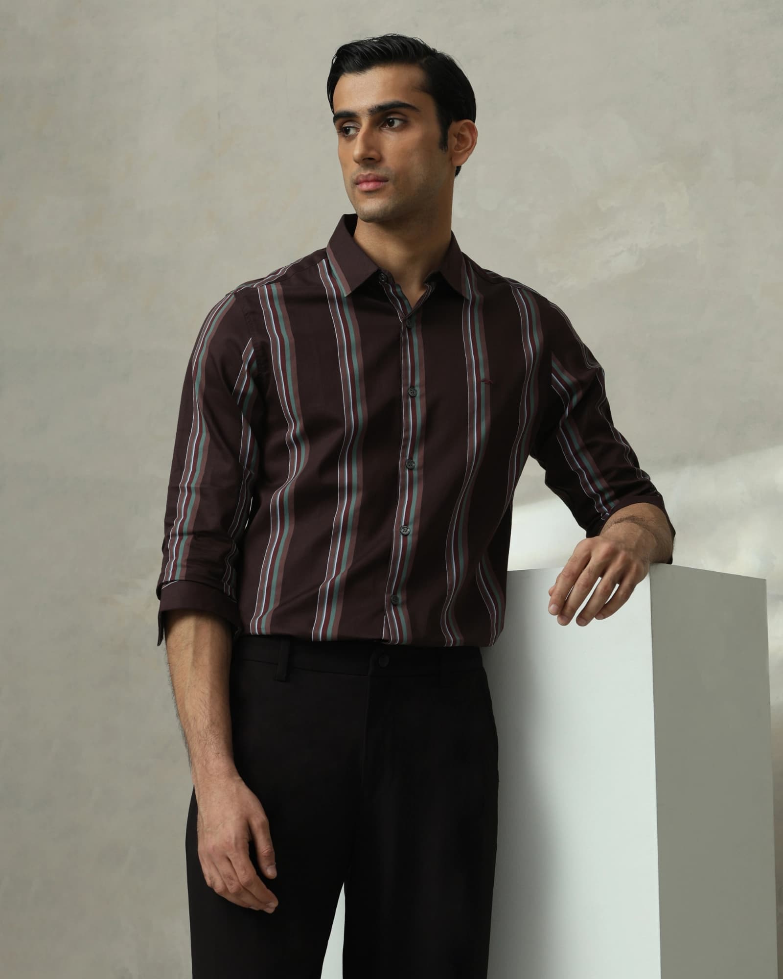 Brown Satin Stripe Slim Fit Casual Shirt | Mufti Jeans Brown Satin Stripe Slim Fit Casual Shirt | Mufti Jeans