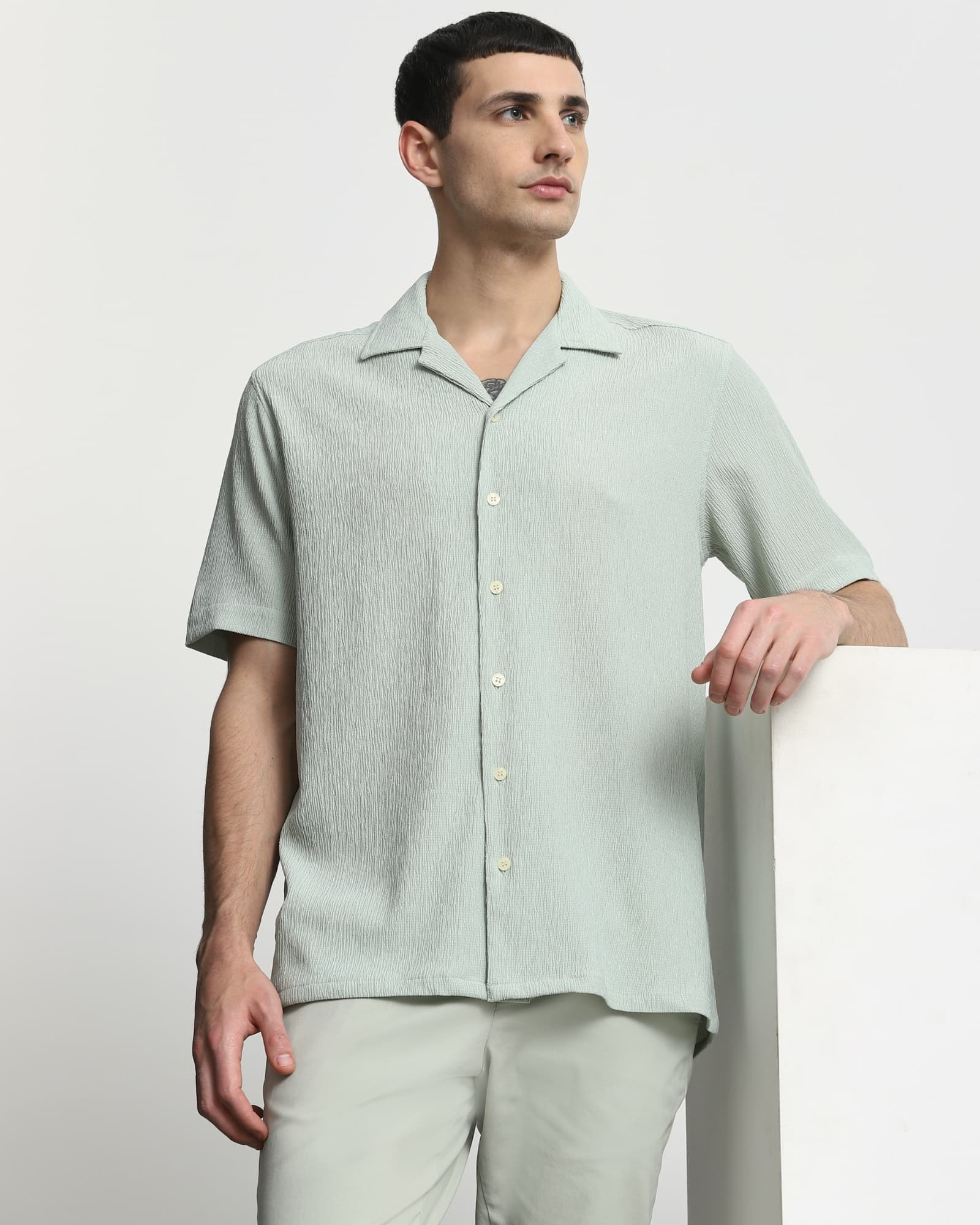 Light Green Textured Plain Relaxed Fit Casual Shirt Light Green Textured Plain Relaxed Fit Casual Shirt