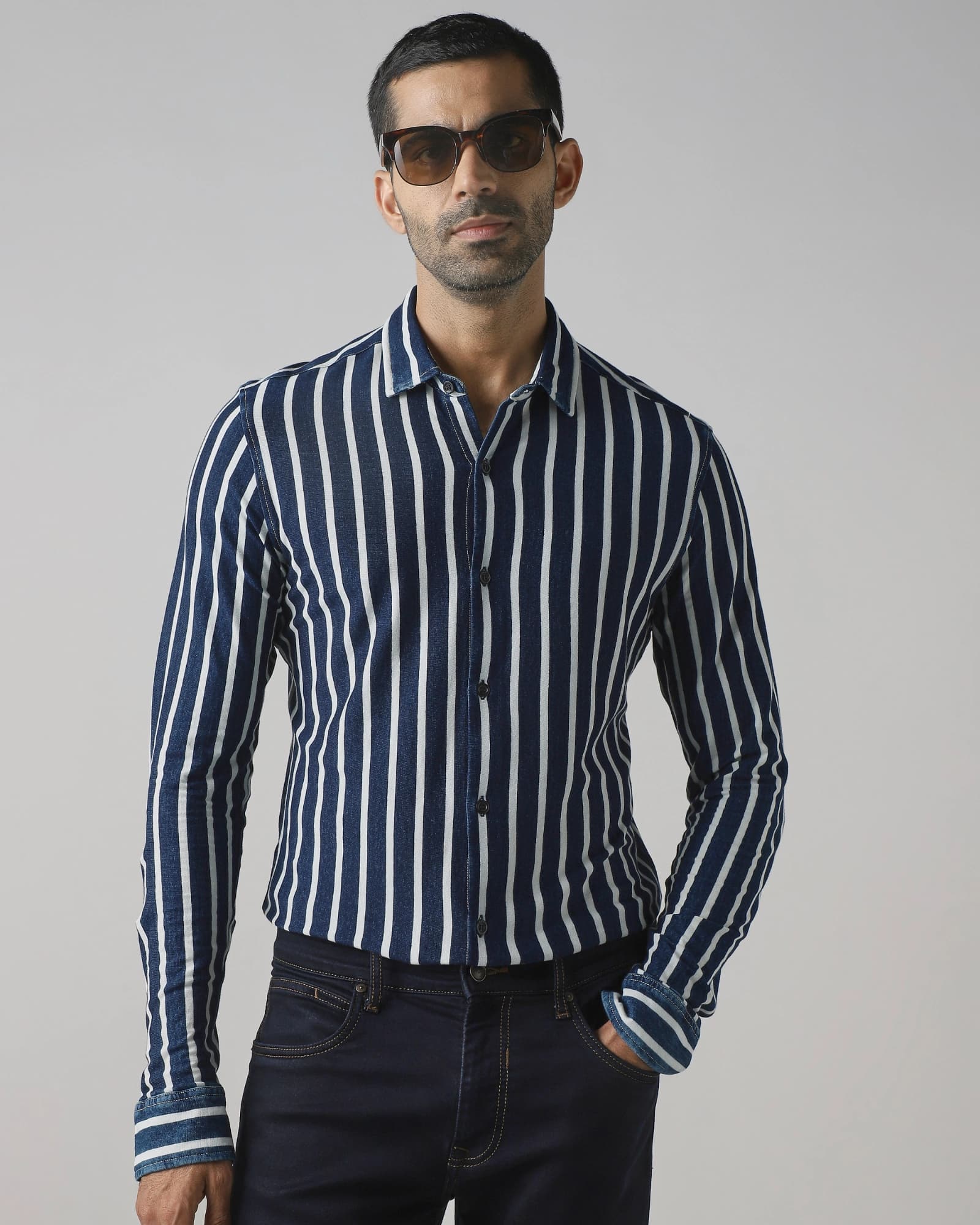 Deep Indigo Blue Knitted Stripe Slim Fit Casual Shirt | Mufti Jeans Deep Indigo Blue Knitted Stripe Slim Fit Casual Shirt | Mufti Jeans