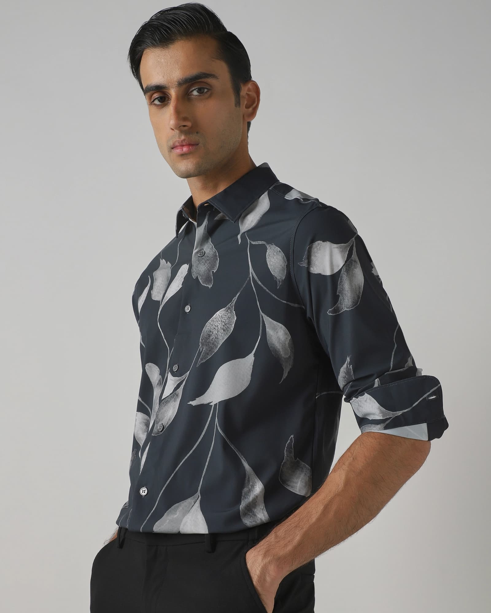 Charcoal Scuba Stretch Print Slim Fit Casual Shirt | Mufti Jeans Charcoal Scuba Stretch Print Slim Fit Casual Shirt | Mufti Jeans