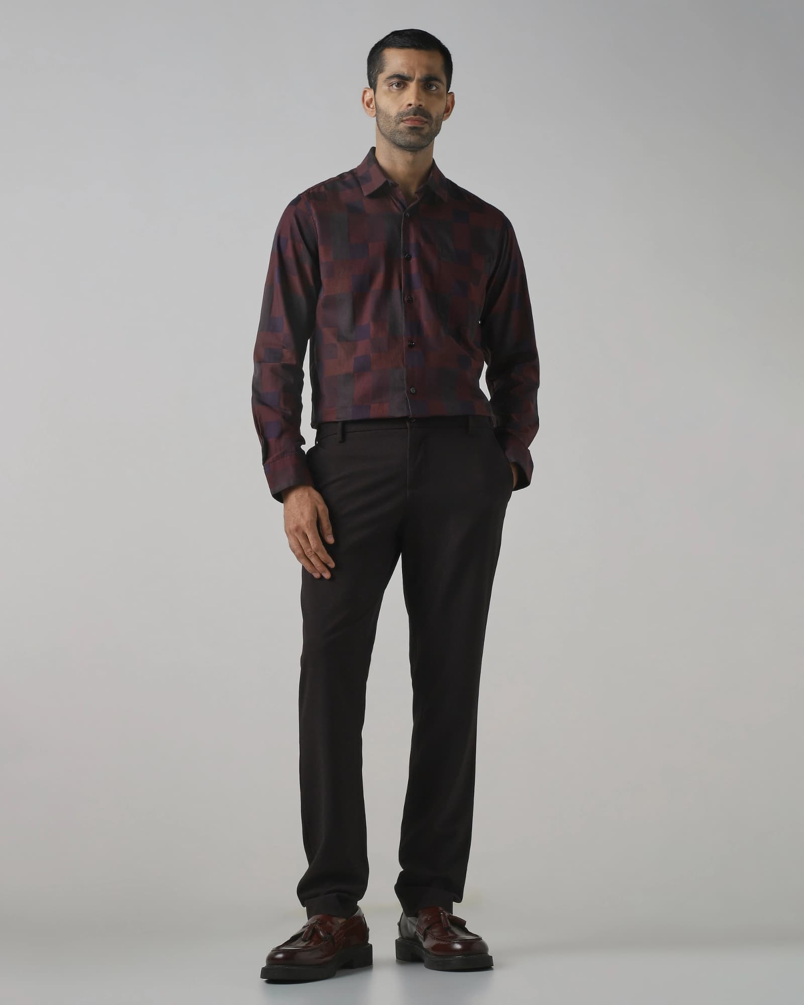 Plum Dobby Check Slim Fit Casual Shirt | Mufti Jeans Plum Dobby Check Slim Fit Casual Shirt | Mufti Jeans