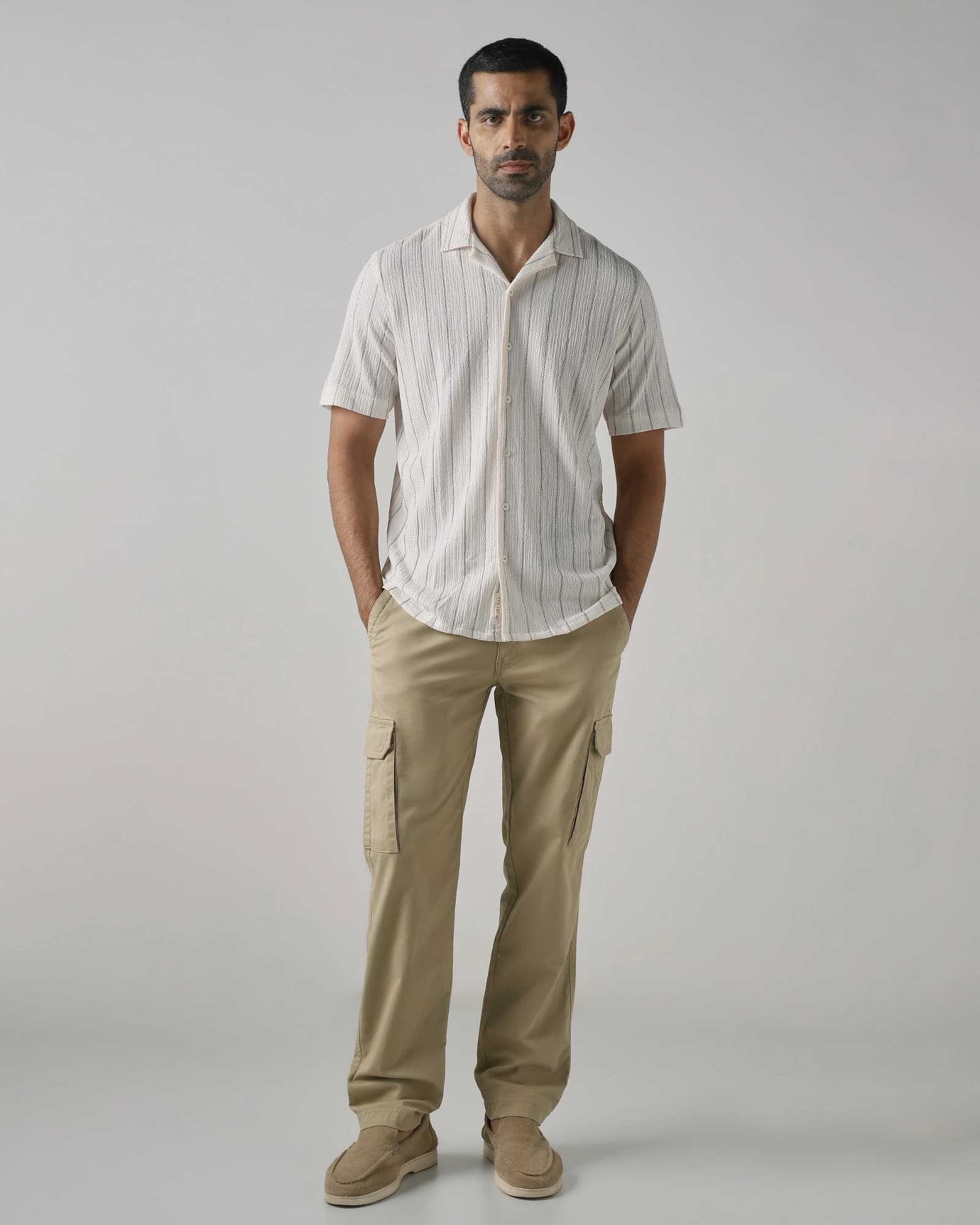 Off White Crinkle Stripe Stretch Relaxed Fit Casual Shirt | Mufti Jeans Off White Crinkle Stripe Stretch Relaxed Fit Casual Shirt | Mufti Jeans