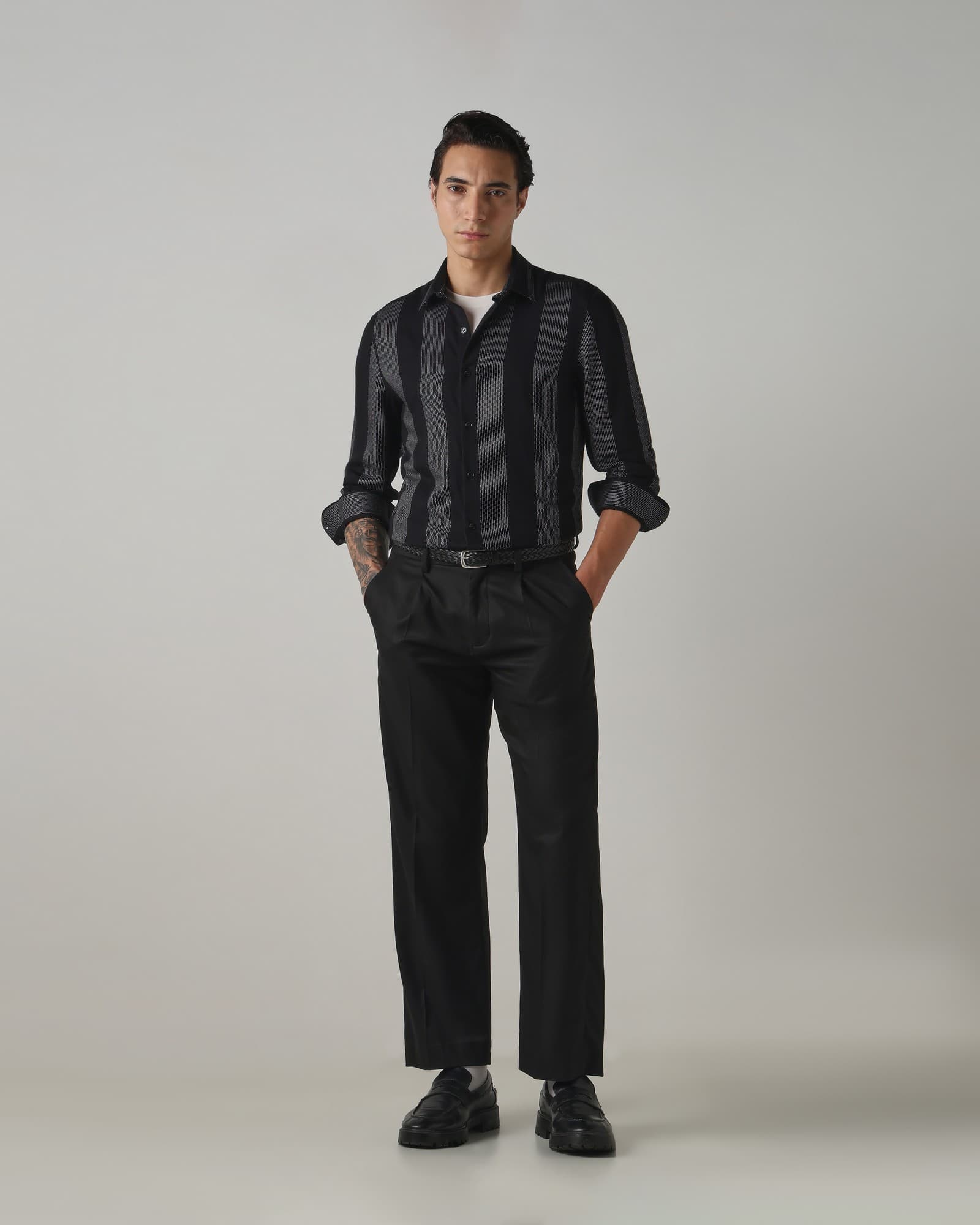 Black Viscose Dobby Stripe Shirt | Mufti Jeans Black Viscose Dobby Stripe Shirt | Mufti Jeans