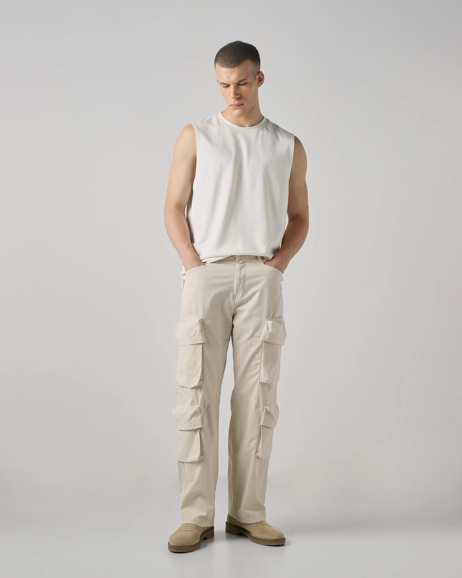 Off White Ultra Loose Fit Cotton Cargos | Mufti Jeans Off White Ultra Loose Fit Cotton Cargos | Mufti Jeans