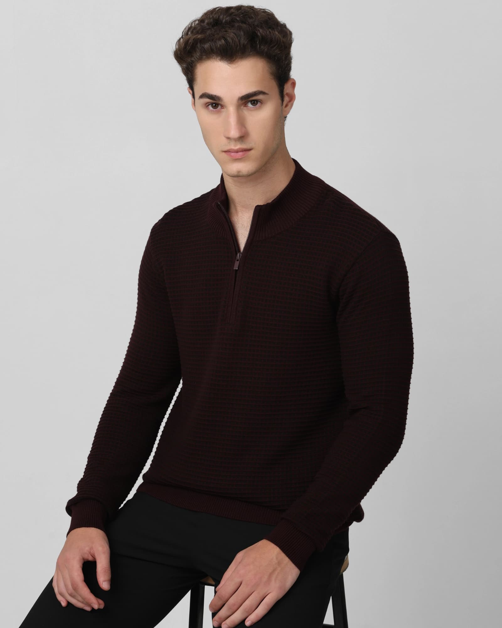 Maroon Mock Neck Plain Slim Fit Sweater | Mufti Jeans Maroon Mock Neck Plain Slim Fit Sweater | Mufti Jeans