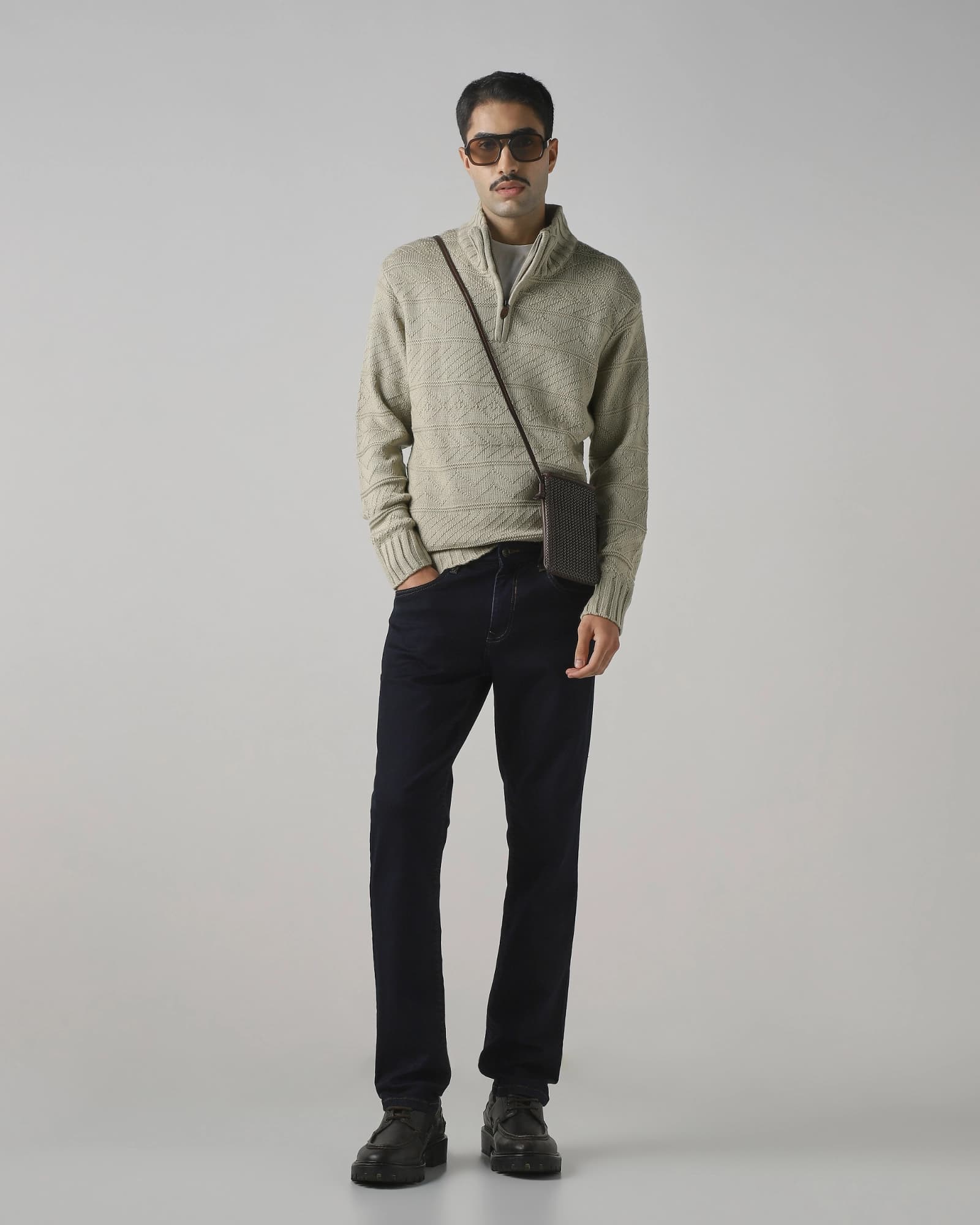 Beige Textured Slim Fit Sweater | Mufti Jeans Beige Textured Slim Fit Sweater | Mufti Jeans