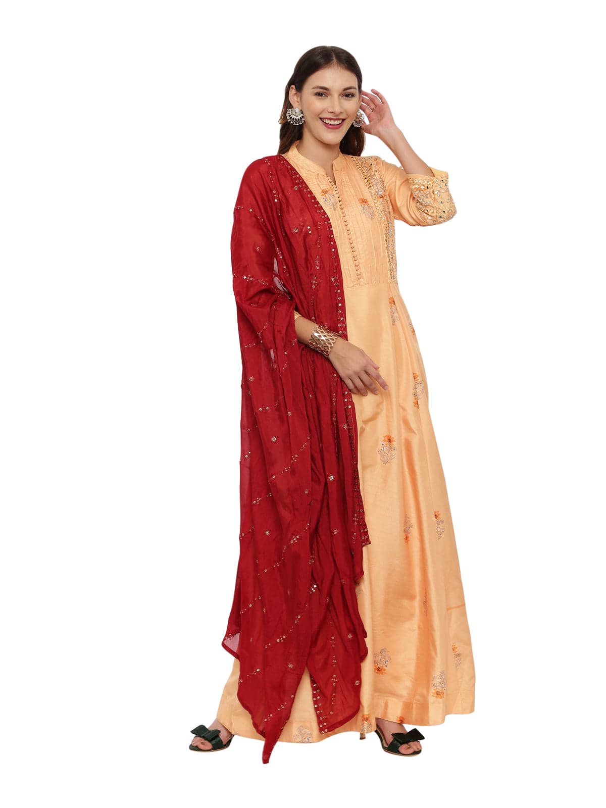 Neerus Light Orange Embellished Anarkali With Churidar & Dupatta | Neeru's Neerus Light Orange Embellished Anarkali With Churidar & Dupatta | Neeru's