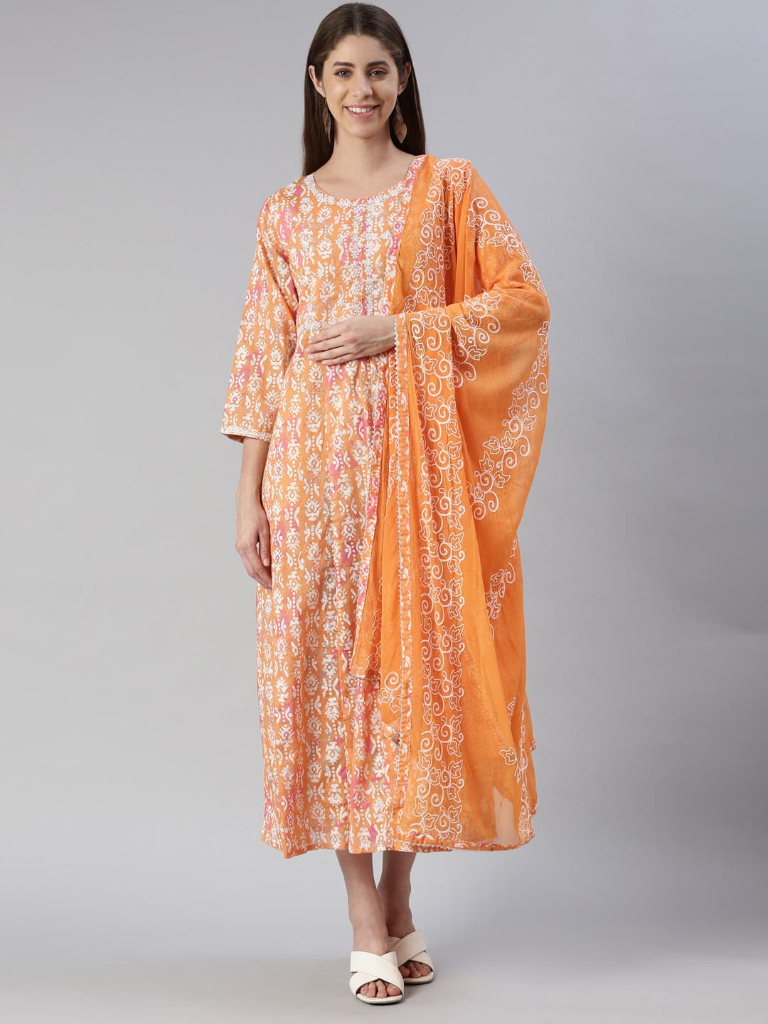 Neerus Orange Anarkali Printed Cotton Kurta | Neeru's Neerus Orange Anarkali Printed Cotton Kurta | Neeru's
