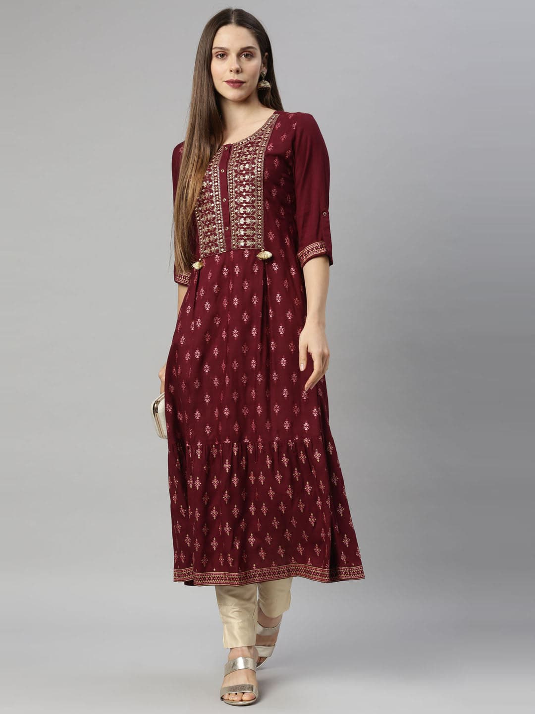 Neerus Maroon Color Slub Riyon Fabric Tunic Neerus Maroon Color Slub Riyon Fabric Tunic